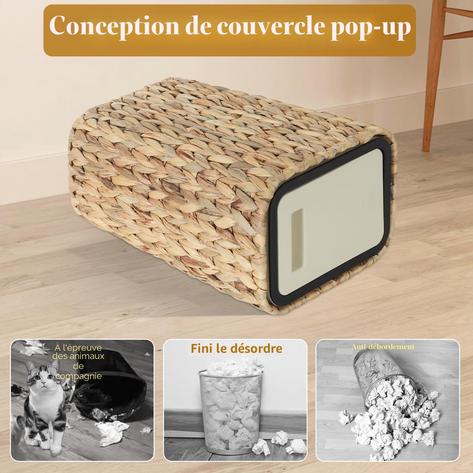 Poubelle de Cuisine Boho 12 Litres - Corbeille à Papier & Poubelle en Rotin 2 en 1 - Couvercle Pop-up, Anti-Odeurs, Pour Salle de Bains - Beige Étroite