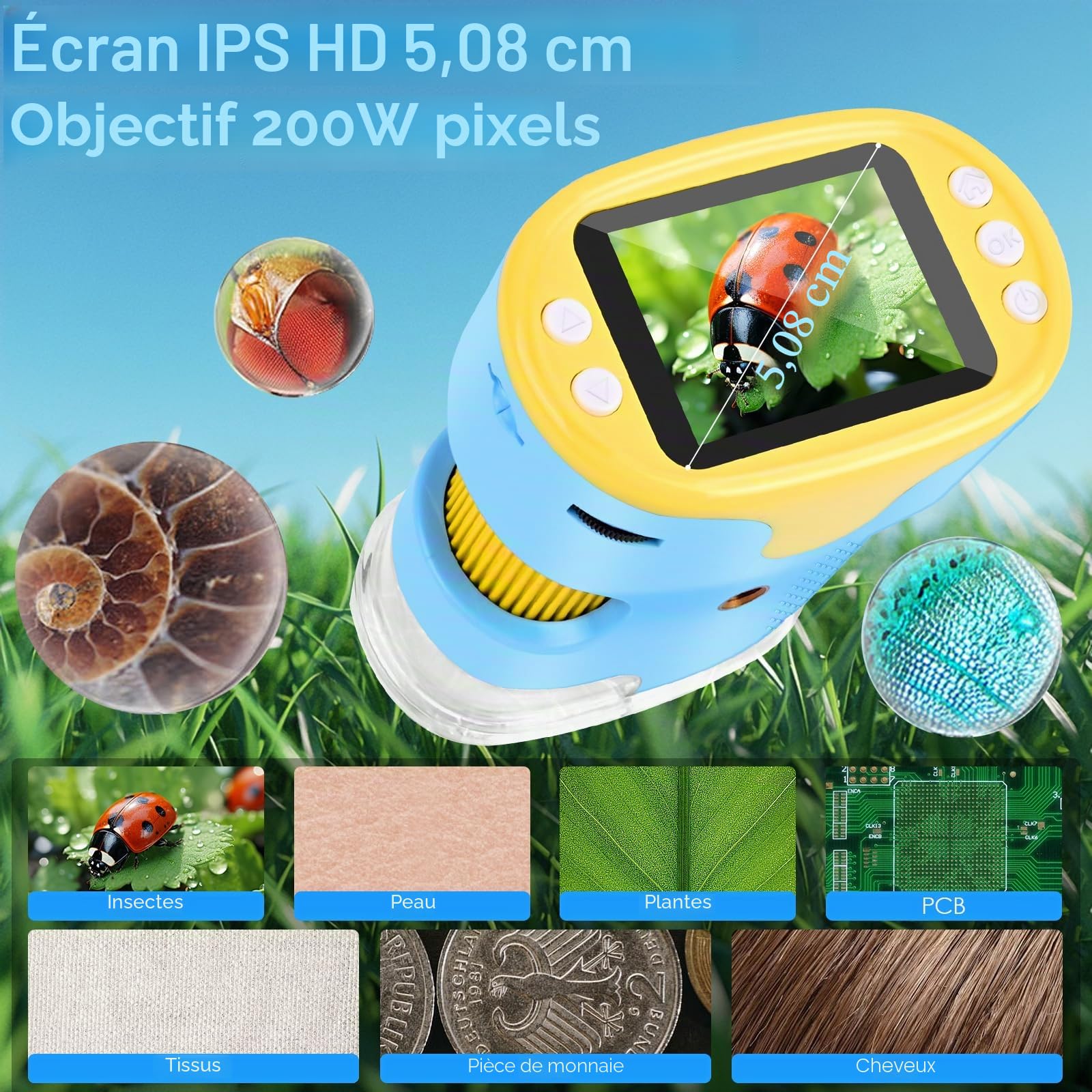 Microscope pour Enfants, Vankarr 1000X Mini Microscope numérique de Poche Portable avec Carte SD 32 Go, écran IPS 2 Pouces, échantillons, Cadeau pour Enfants et étudiants, Bleu