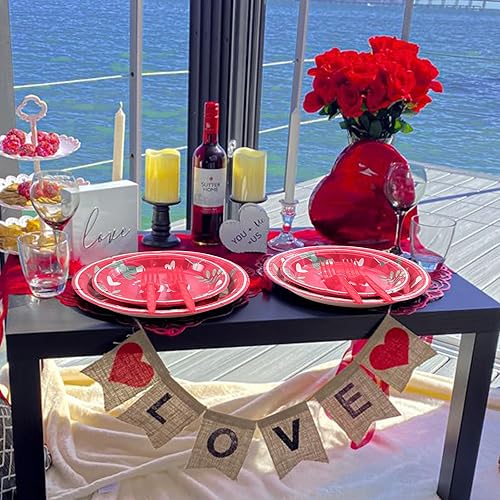 Miniatura 7 de SCIONE Juego de 96 piezas de vajilla para fiesta del día de San Valentín, bonitos platos y tenedores de rosas X y O, servilletas para el día de San