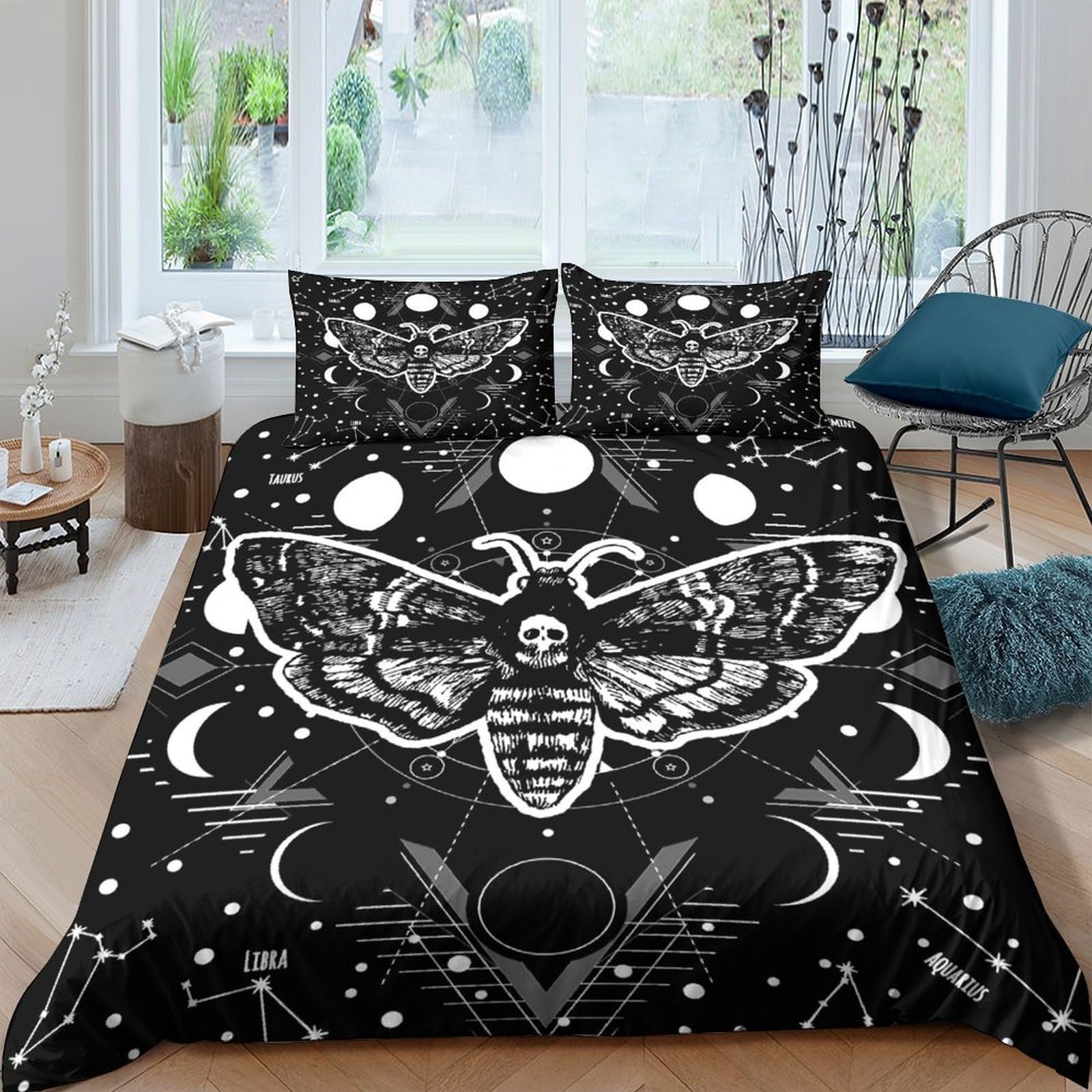 Ctjqhvkz Style-2 3D Printed Gothic Moth Fitted Sheet Microfiber Black Moon Phase Bed Cover For Bedroom Dorm Mattress Protector Single（135X200cm）