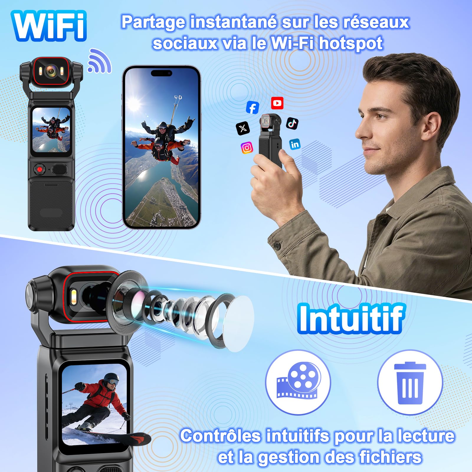 Caméra Vlog 4K Stabilisation 6 Axes WiFi Grand Angle, Moovora | Batterie 5h, objectif orientable 160°, LED intégrée, 256GB SD, écran