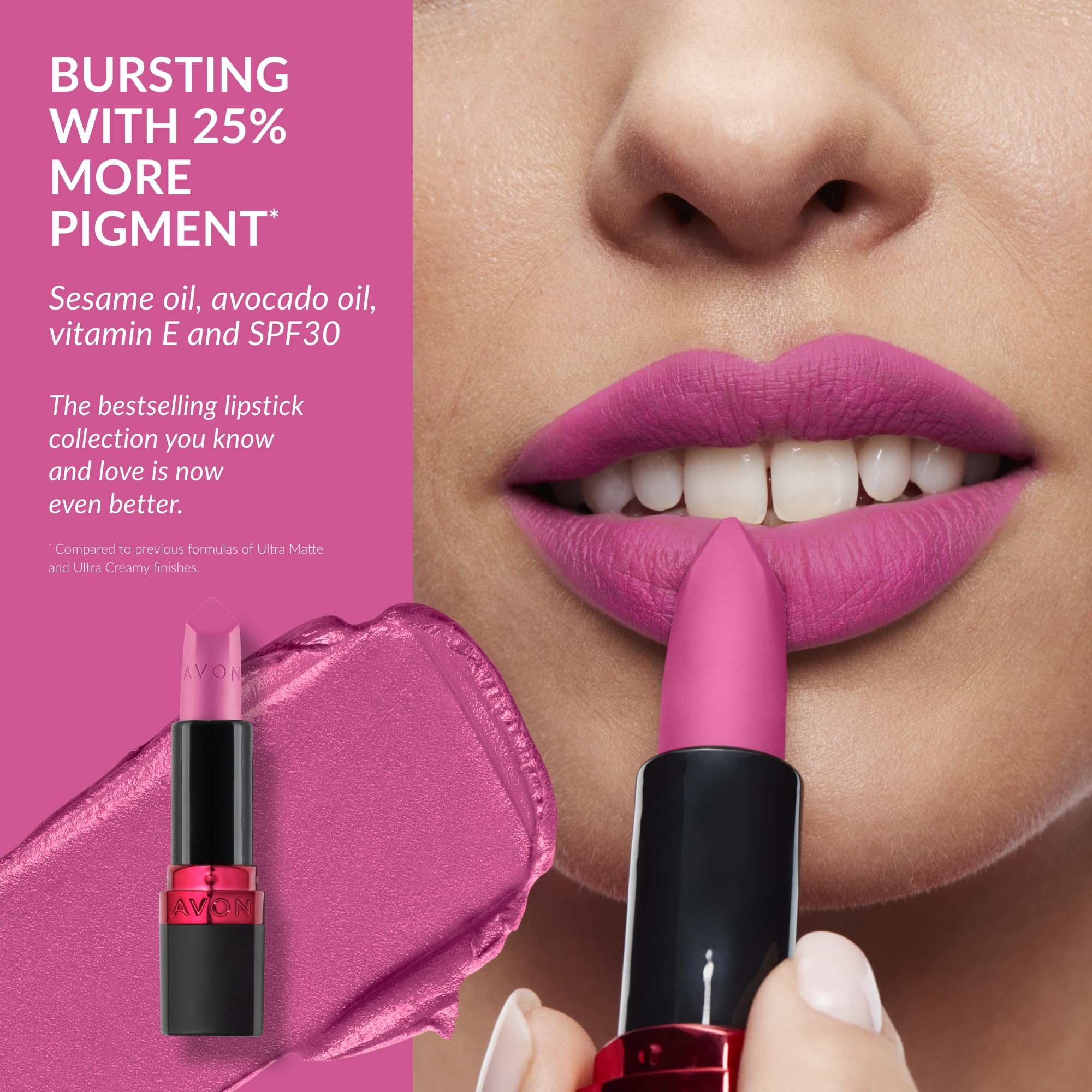 Avon Ultra Matte Lipstick Electric Pink with Vitamin E, Avocado Oil and Sesame Oil for Comfortable Coverage that Won't Cake - Image 4
