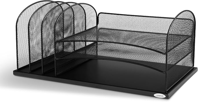 Safco Onyx Desk Organizer, 3 Vertical Compartments and 3 Trays, Office and Classroom Mailbox , Paper and Mail Sorter, Steel Mesh, Black