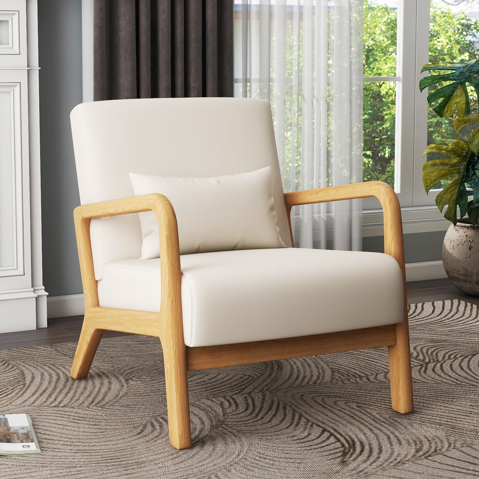 UIXE Accent Chair Living Room Arm Chairs with Lumbar Pillow, Mid Century Modern Armchair Comfy Upholstered Single Sofa Lounge Reading Seat Solid Wood Side Sitting for Home Dorm Bedroom, Beige