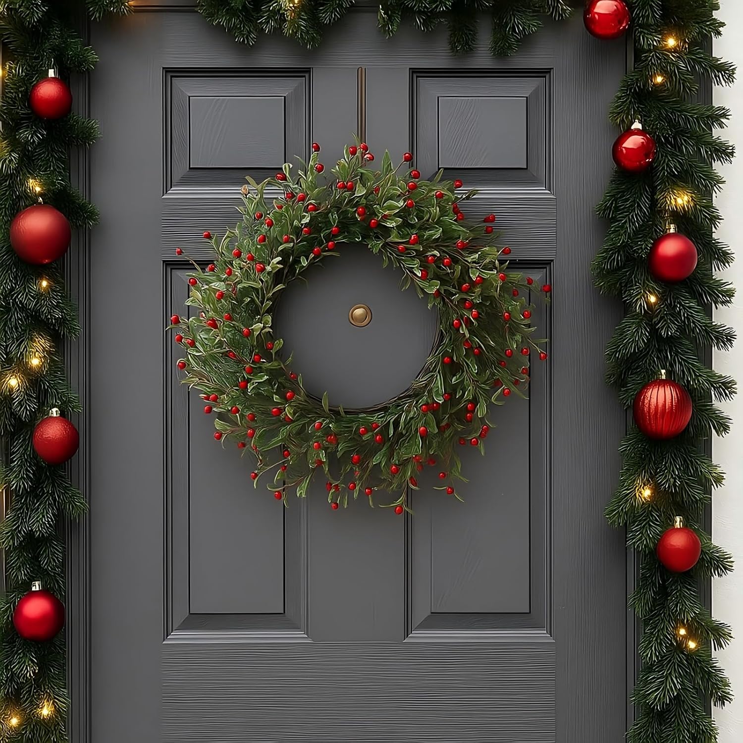 20" Christmas Wreath for Front Door Artificial Cranberry Xmas Wreath Decor