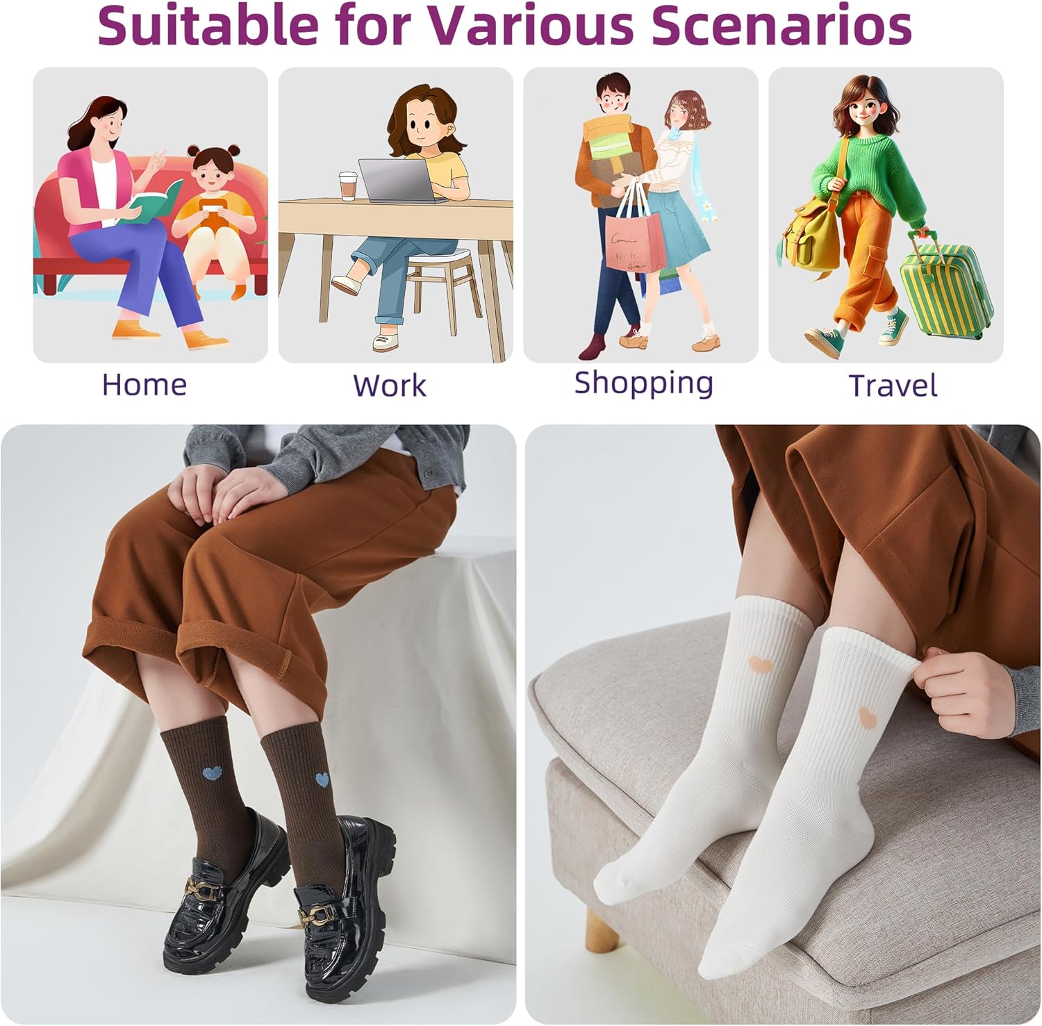 Women's Thin Cotton Crew Socks - 6Pairs Soft Above Ankle Bootie Casual Dress Socks With Novelty Fun Cute Heart - Image 5