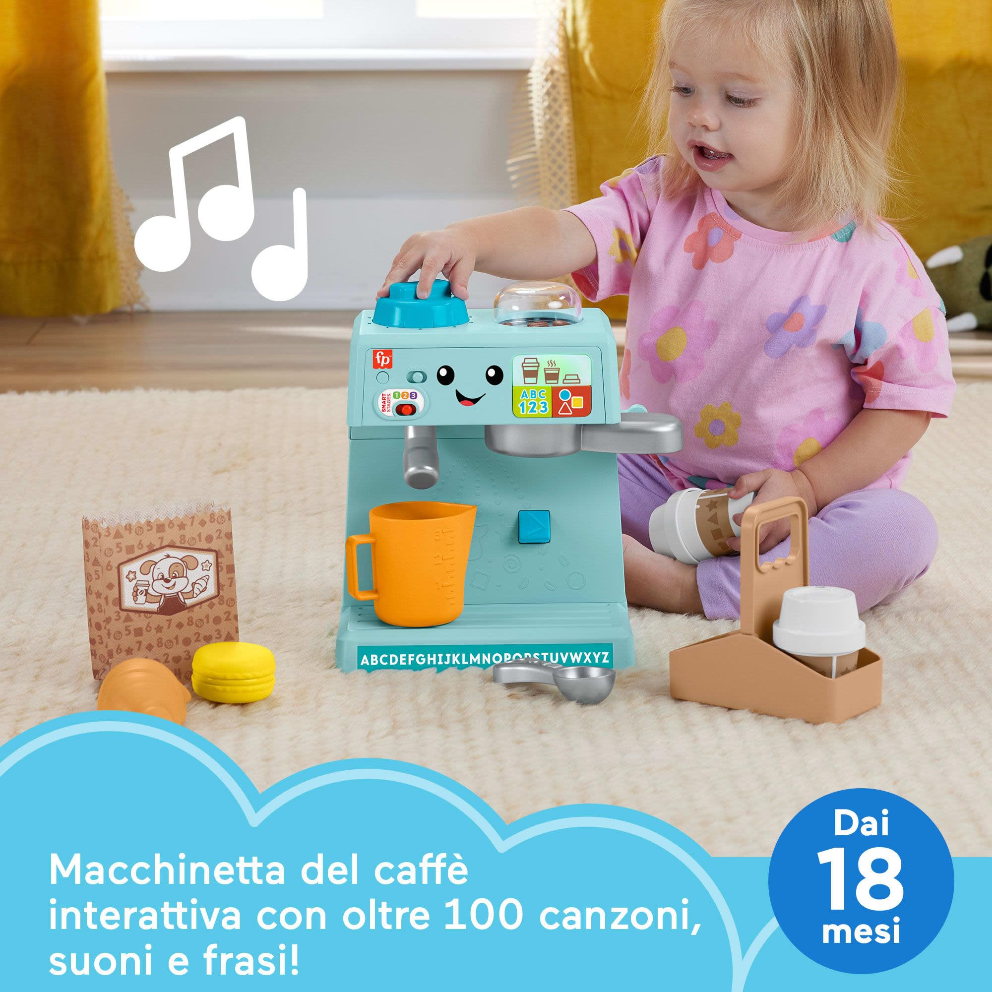 Fisher-Price - La Mia Prima Macchinetta del caffè, Set Smart Stages per l'apprendimento con Pulsanti, Musica e Suoni, 2 Tazze e 8 Accessori Inclusi, Giocattolo per Bambini, 18+ Mesi, HYT02
