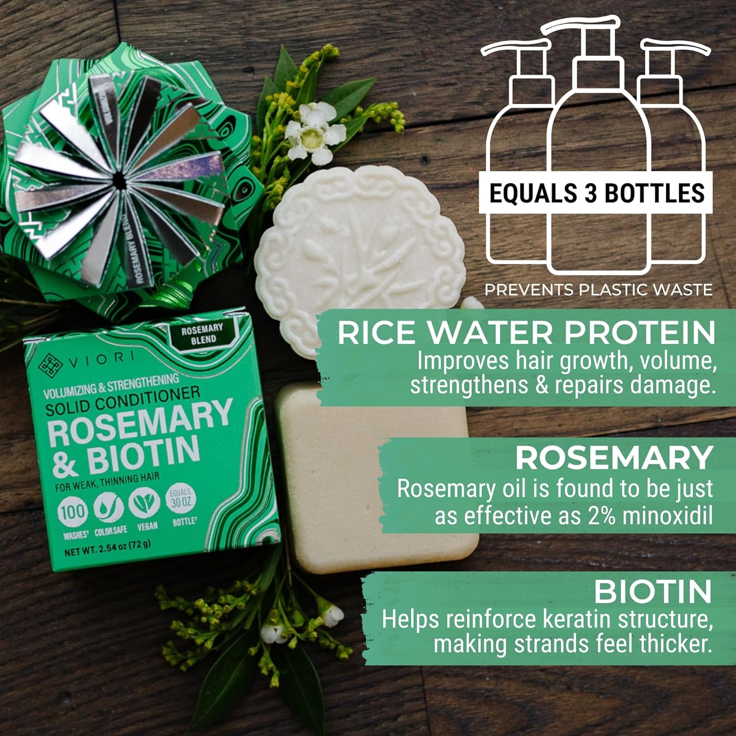 Viori Rosemary & Biotin Shampoo & Conditioner Bar Set – Strengthening, Thickening & Volumizing Solid Conditioner – For Weak & Thinning Hair – Paraben, Sulfate & Silicone Free