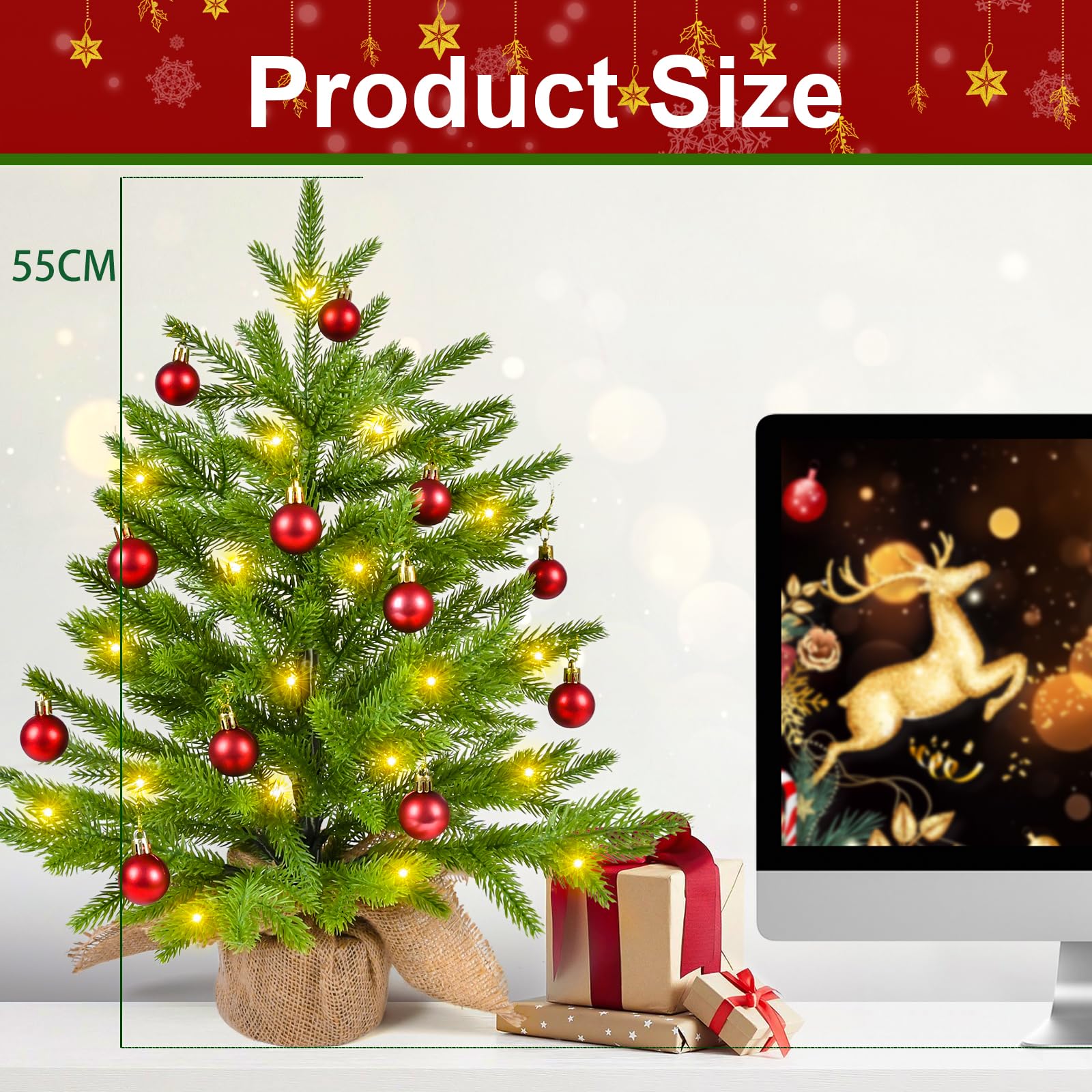 Albero di Natale Mini Artificiale 55cm, Piccolo Albero con Ornamenti, Luci LED, Baubles Natalizie, Albero Piccolo per Decorazione di Natale Interna Ufficio Tavolo