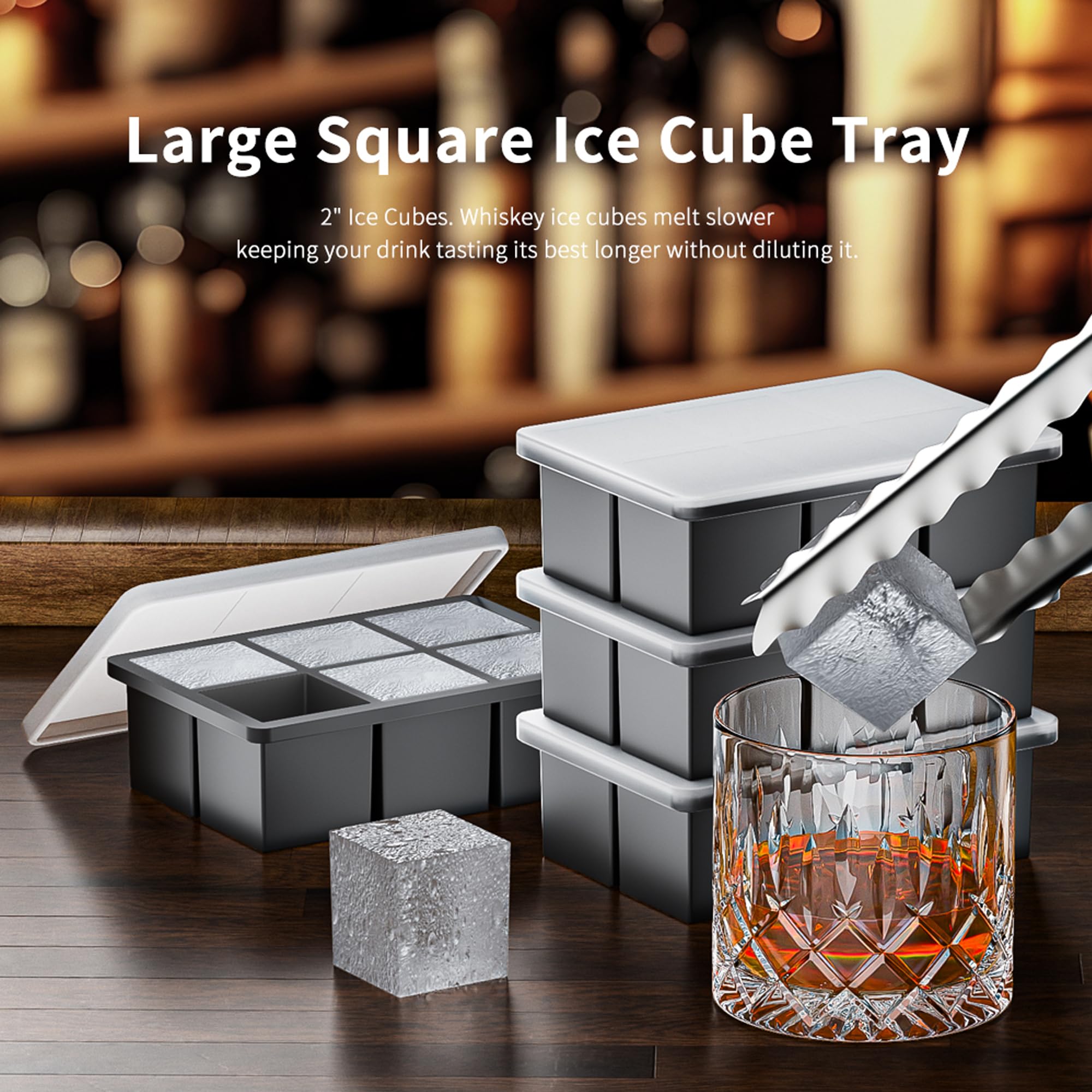 Silicone Square Ice Cube Tray with Lid, Easy Release Large Ice Cube Mould-Pack of 2 - Image 3