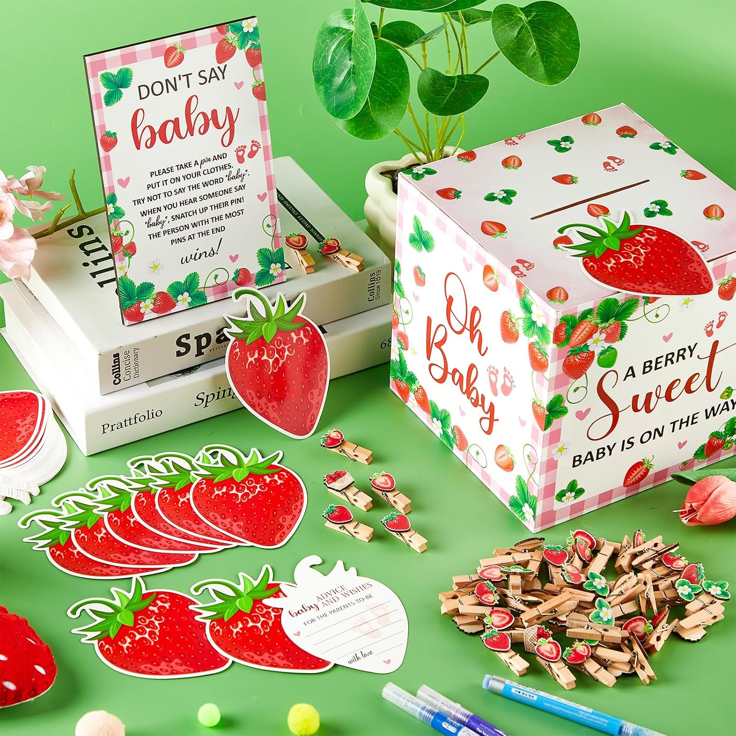 102 Pcs Pink Strawberry Baby Shower Game Supplies Diaper Raffle Tickets with Box Don't Say Baby Sign Mini Clothespin Berry Sweet Diaper Raffle Card Box for Girl Boy Gender Reveal Party Decorations