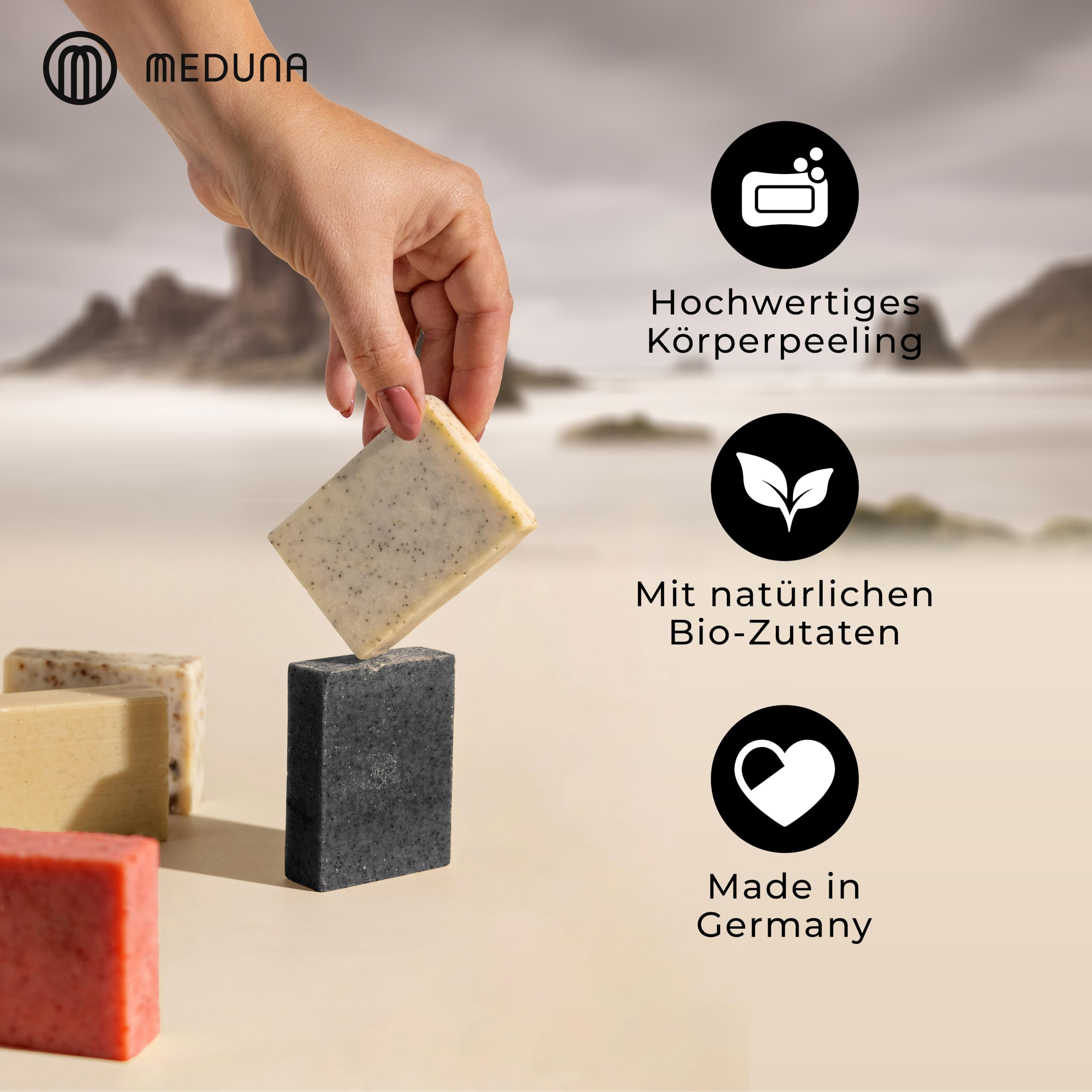 MEDUNA Mega mydło, zestaw 3 x 100 g mocnego mydła naturalnego + mocny szampon + przechowywanie - mydło do pielęgnacji - mydło do ciała do wszystkich rodzajów skóry - prezent dla mężczyzn - Made in