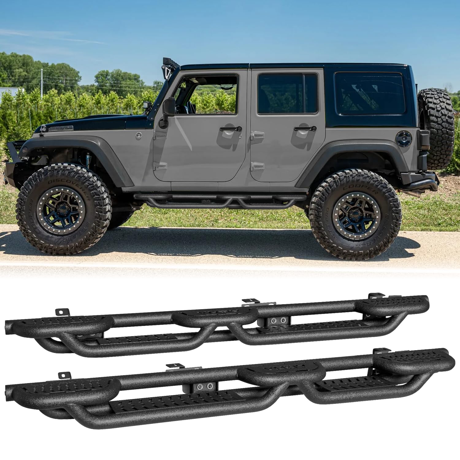 Side Step I Running Board Compatible with 2007-2017 Jeep Wrangler JK 4 Door Cab, 〔Black Textured Steel〕