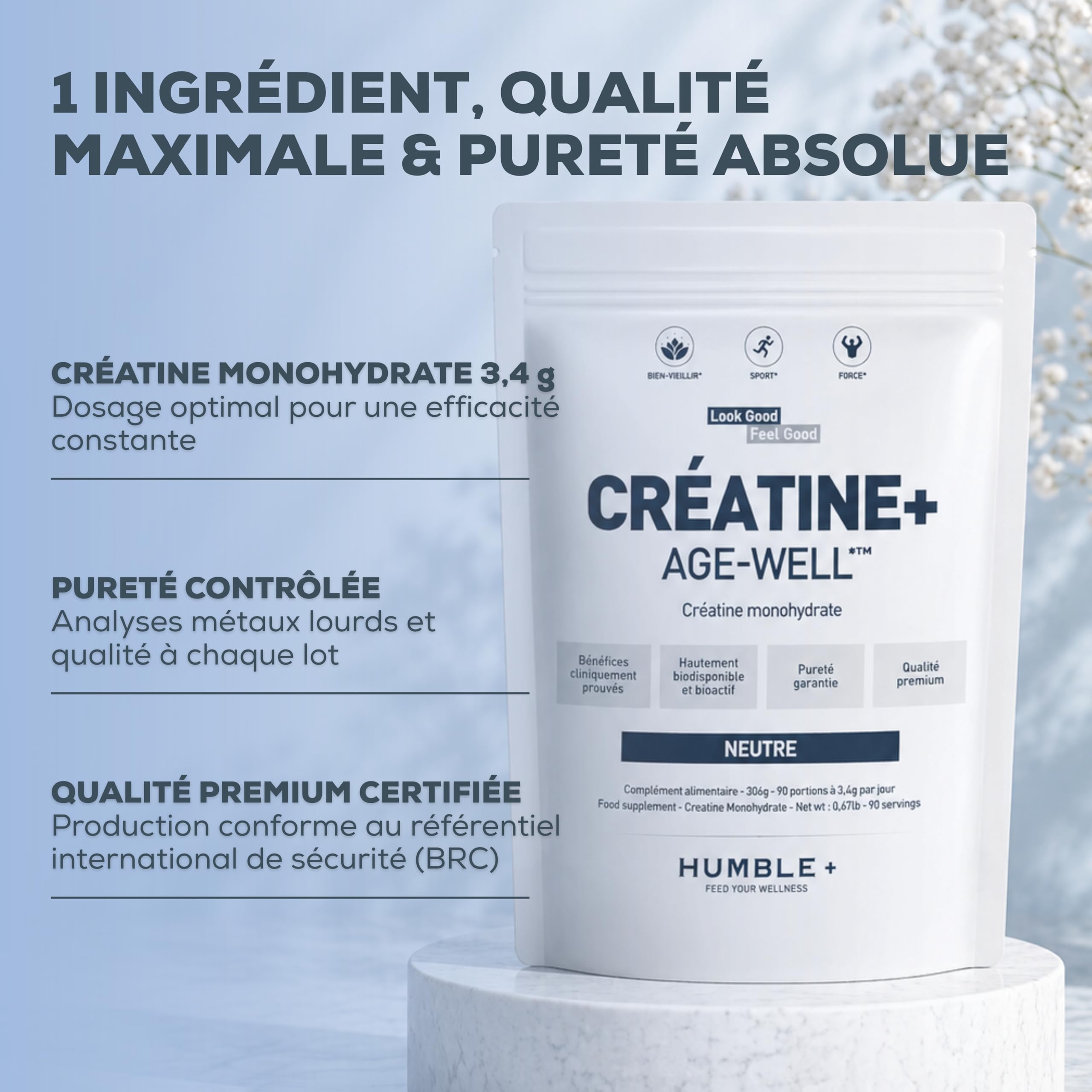 HUMBLE+ Pack Sport Starter - Créatine 306 g + 12 Barres + Protéine 600 g | Monohydrate, Encas Protéinés & Whey aux Peptides Marins Chocolat - Démarrage Entraînement - Marque Française