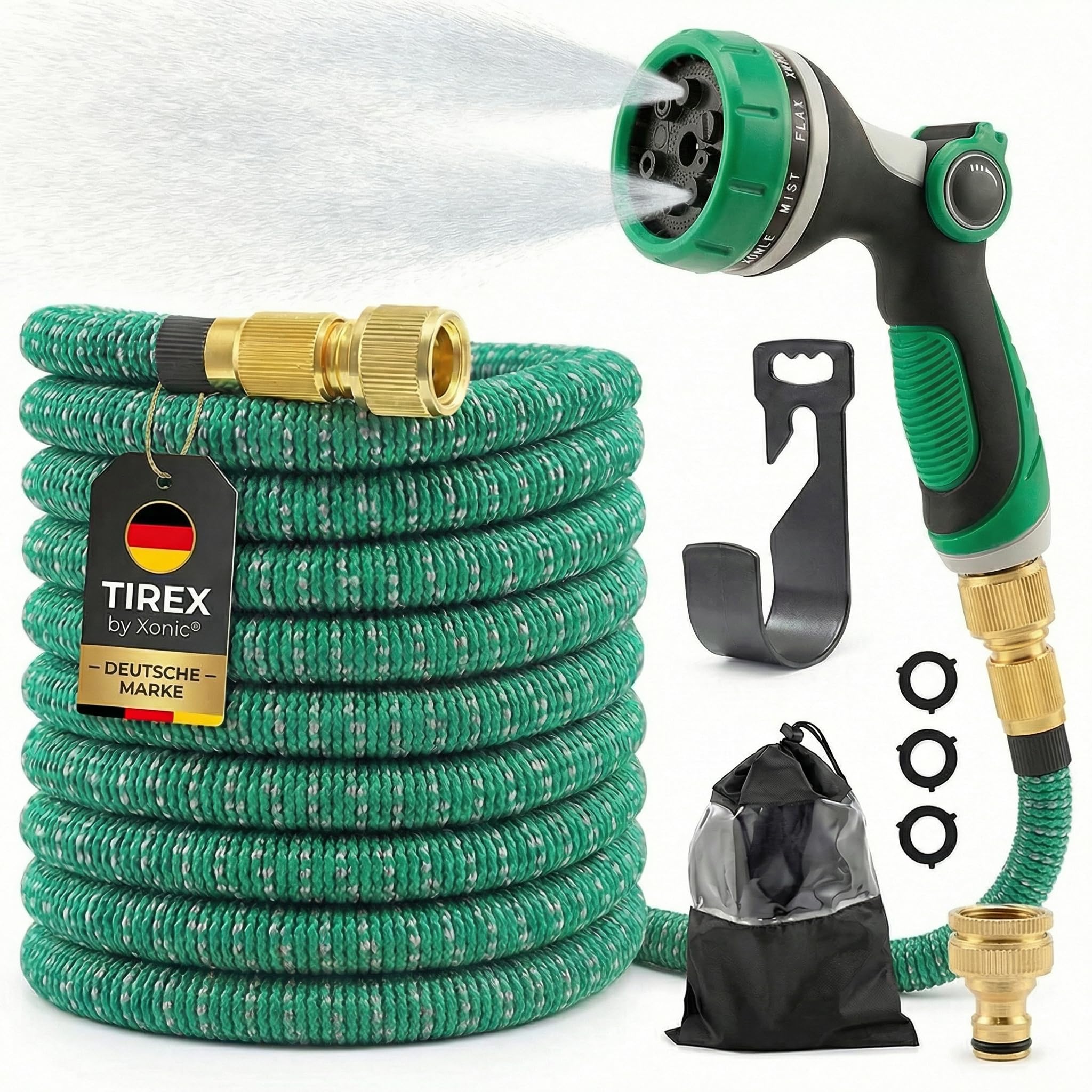 TIREX by xonic® Flexibler Gartenschlauch mit 10 verschiedenen Strahlarten – leichter Wasserschlauch flexibel mit 3-fach Latexkern – dehnbarer Flexschlauch/Gartenschlauch flexibel (Grün, 30m)
