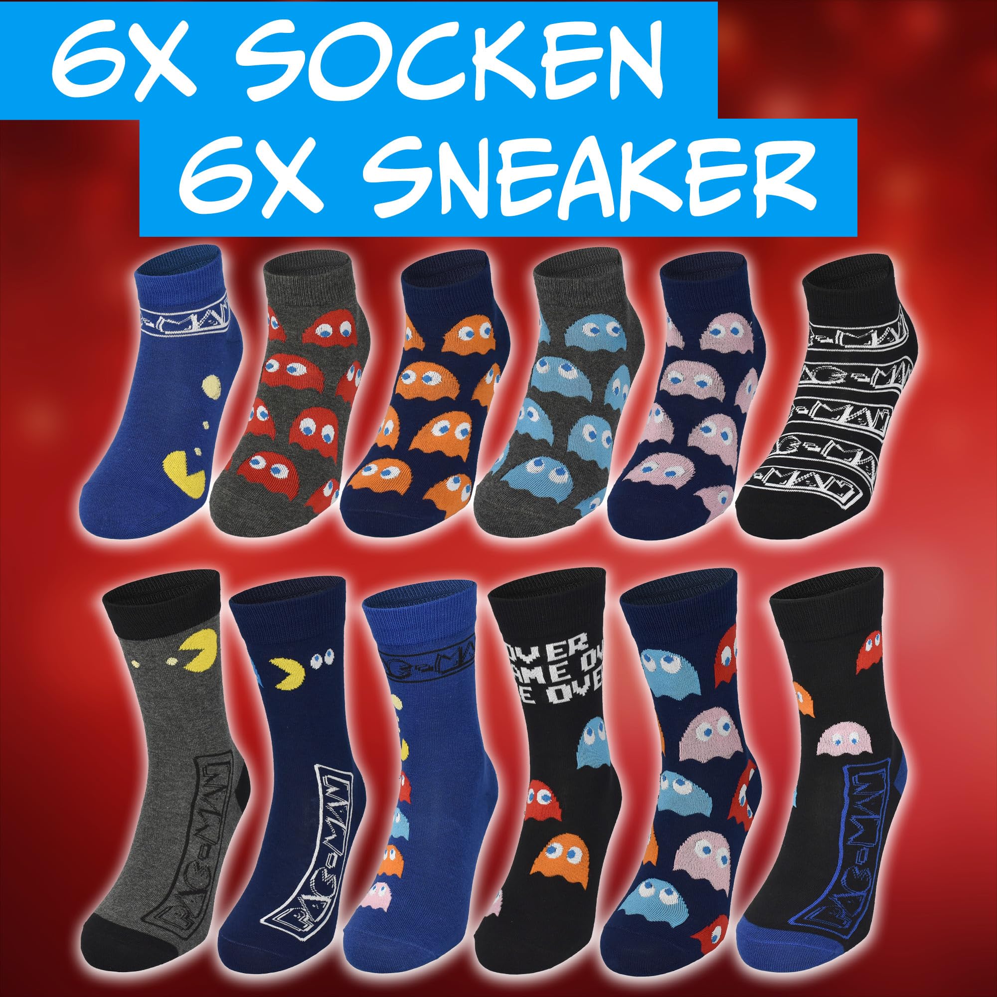 Pac-Man Calendrier de l'Avent avec 12 paires de chaussettes Taille 40-45 pour homme Calendrier de Noël avec baskets et chaussettes longues
