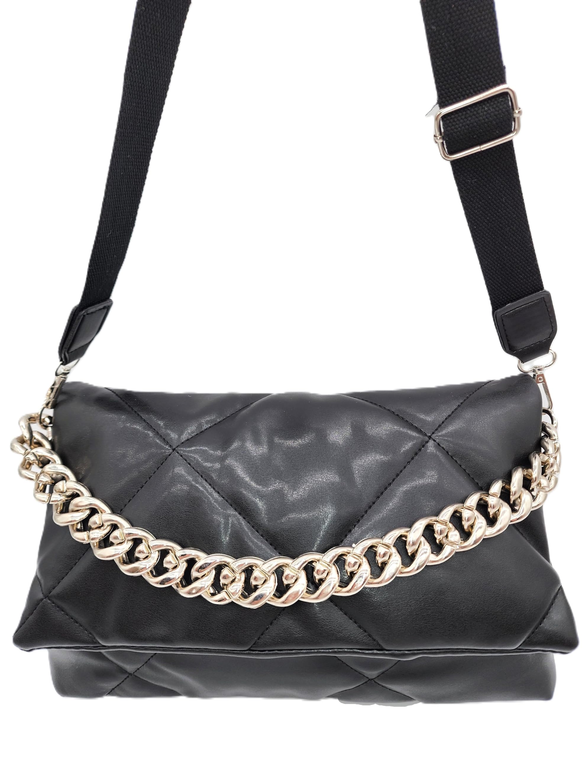 KONDRA Fancy Quilted Vegan Leather Crossbody Shoulder Purse with Chain Evening Purse (Black)