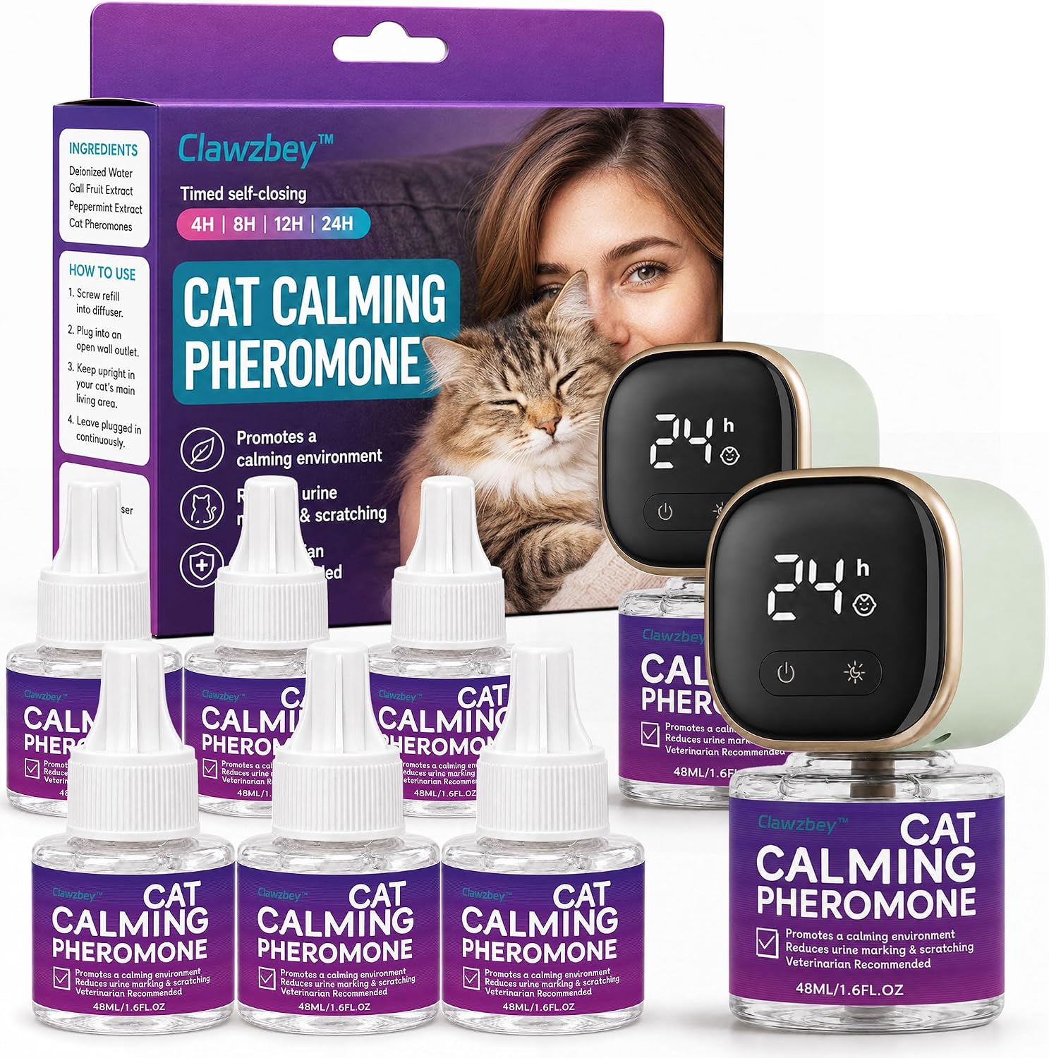 Smart Cat Calming Pheromone Diffuser, 1 Diffuser + 3 Refills | Smart Calming Diffuser with Timer And Auto-On Features, Effectively Reduces Anxiety, Fighting, Scratching & Pee Spraying