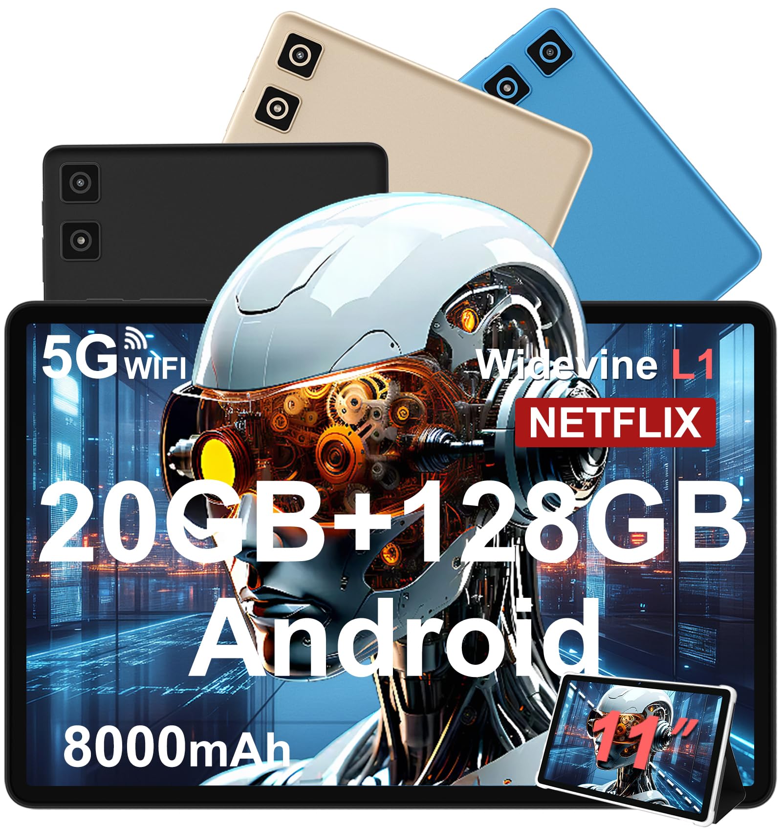 Tablette Android 14 avec Widevine L1, 13MP+5MP, 8000 mAh + Charge