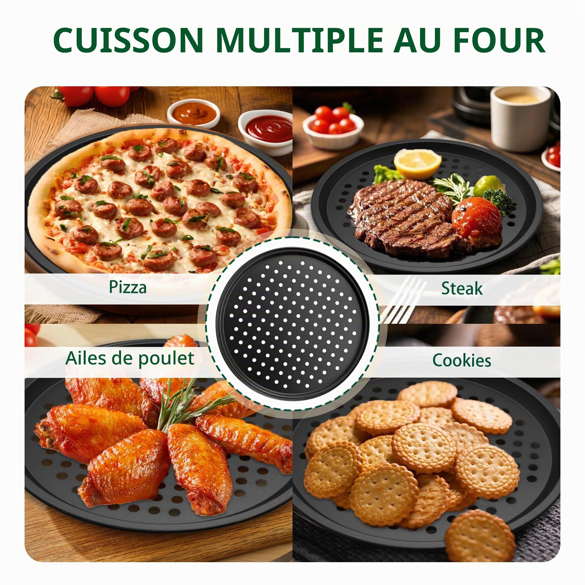 Lot de 2 plateaux à pizza avec trous, plaques à pizza antiadhésives, plaque de cuisson perforée en acier au carbone, plaque de four ronde pour la cuisson, 30 cm