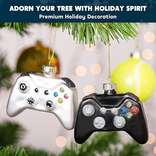 Miniatura 3 de JOYIN Controlador de videojuegos de cristal de Navidad, adorno pequeño, mini juego de 2 piezas en blanco y negro soplado para colgar en el árbol,
