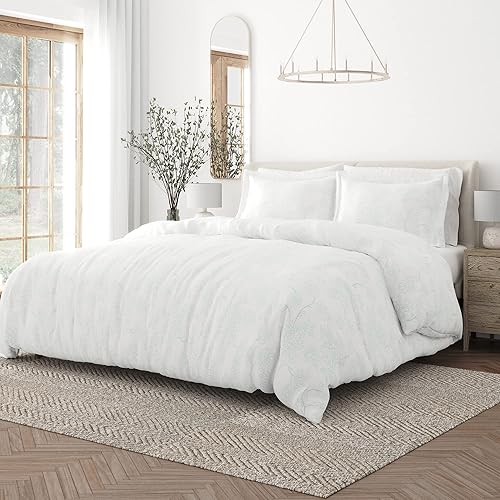 Merit Linens Juego de funda de edredón tamaño Queen con patrón y pliegues | Juego de edredón suave, ligero y transpirable de 3 piezas | Cierre de
