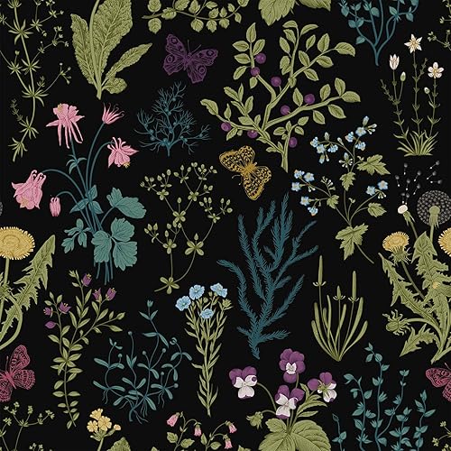 VEELIKE Moody Herb Floral Wallpaper Peel and Stick Black Wildflower Wallpaper for Bedroom Living Room 17.7''x354'' Dark Botanical Wall Paper Prepasted Removable Floral Contact Paper for Walls Cabinets