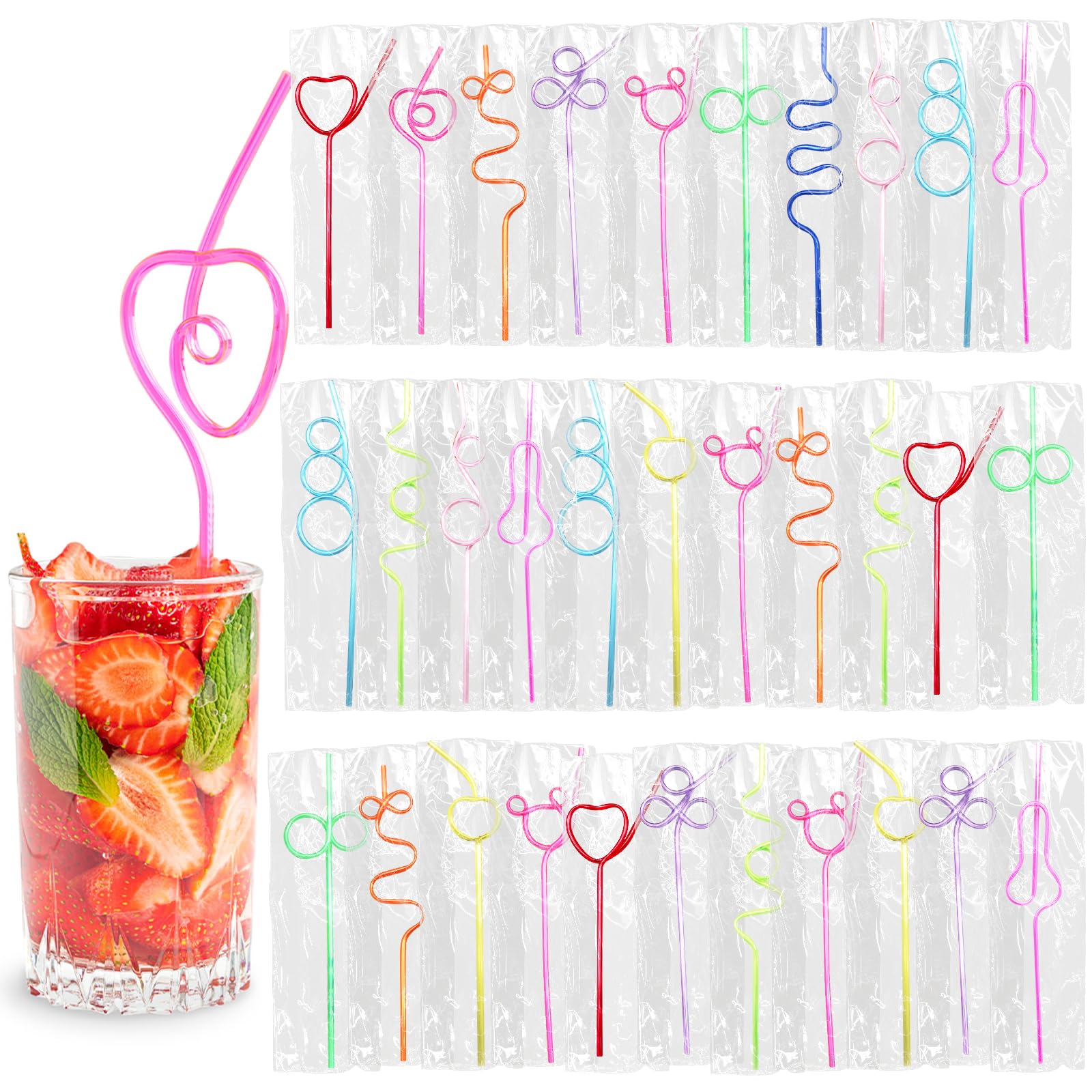 36 Pcs Colorful Crazy Straws Individually Wrapped Silly Straw,Reusable Fun Straws for Cocktails,Plastic Swirly Loop Curly Twisty Bendy Drinking Straw for Birthday Bar Party Favors Supplies Decoration