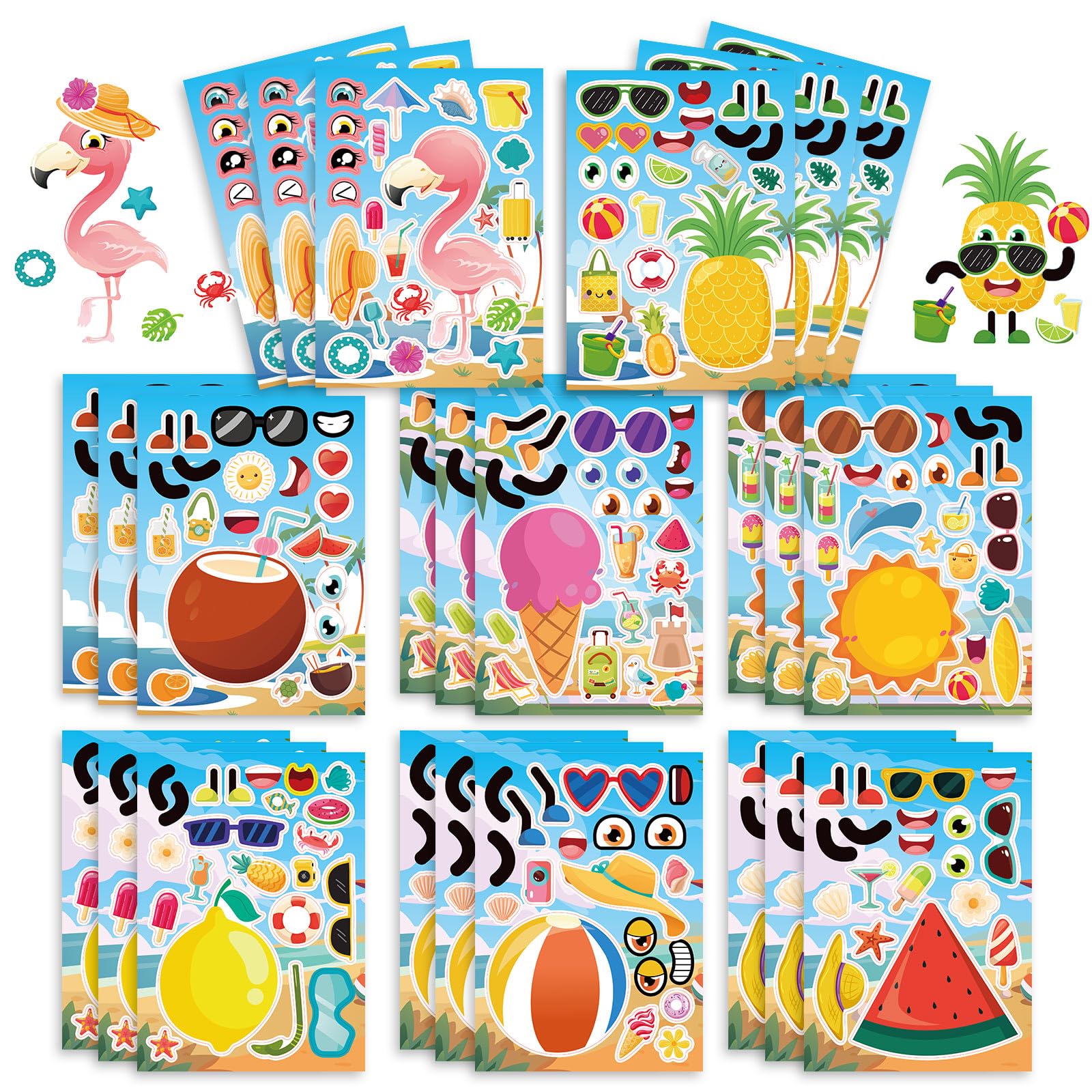 24 Sheets 8.3''×5.9'' Make Your Own Hawaii Stickers for Toddlers Kids Party Favors, Make a Face Flamingo Summer Beach Stickers for Kids Activities Supplies Crafts