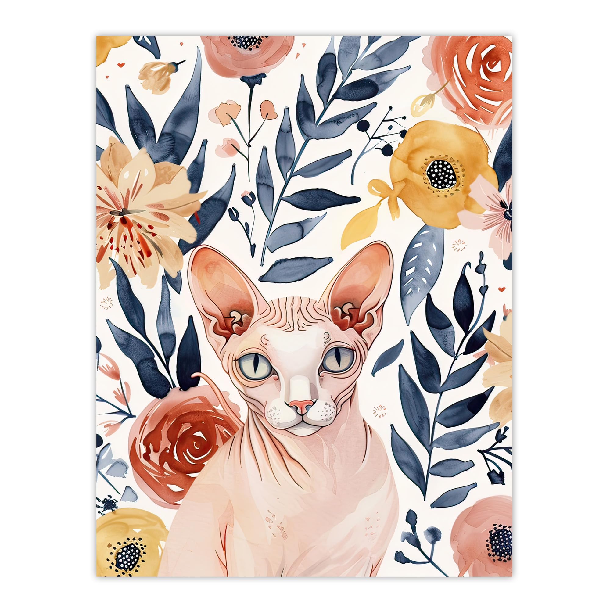 Artery8 Sphynx Cat Lover Floral Watercolour Portrait Living Room Large Wall Art Poster Print Thick Paper 18X24 Inch