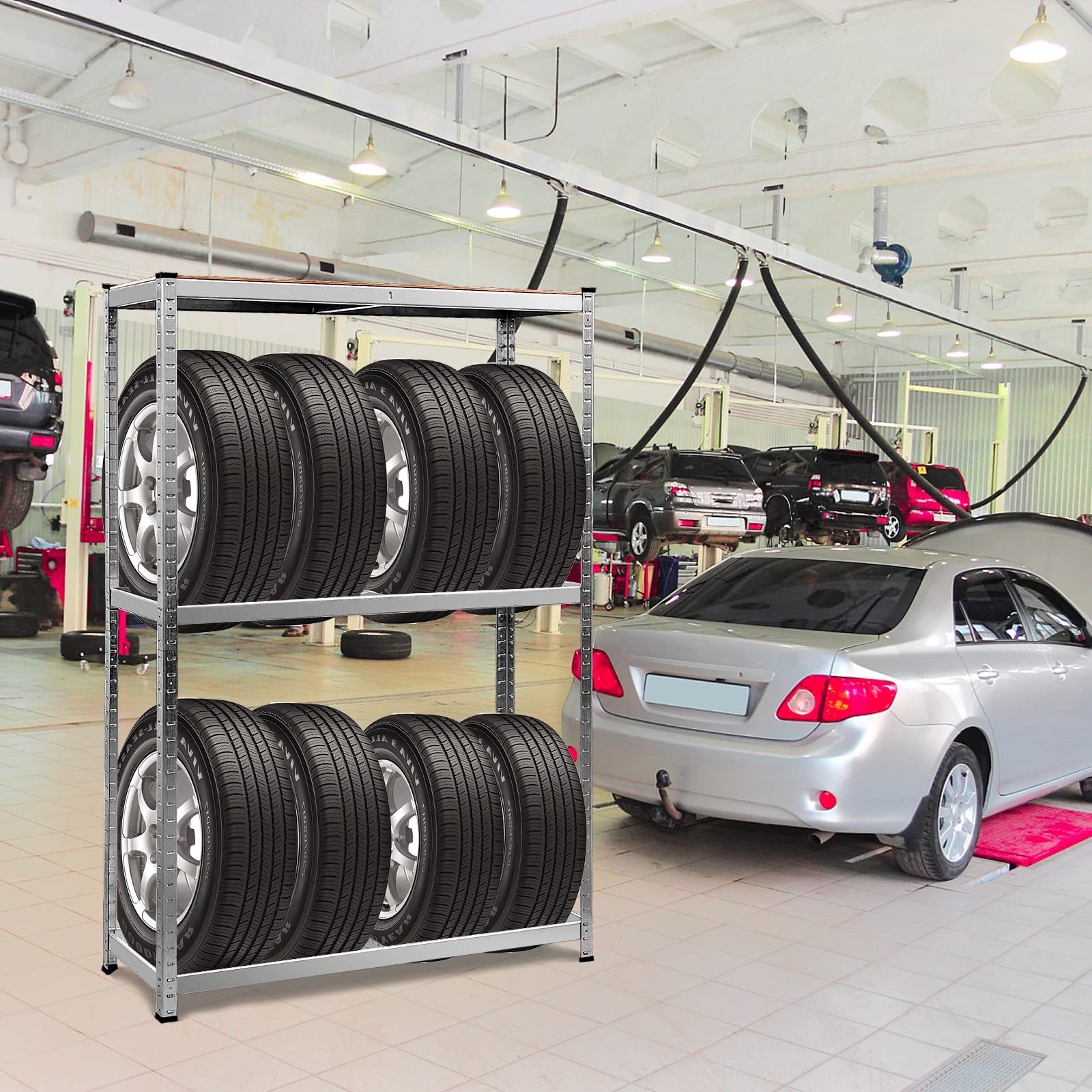 GYMAX Scaffale Porta Gomme Auto in Metallo, a 3 Ripiani, Portata di 265 kg/Strato, Supporto per 8 Pneumatici, Ideale per Officina, Garage, Magazzino, 180x40x120 cm