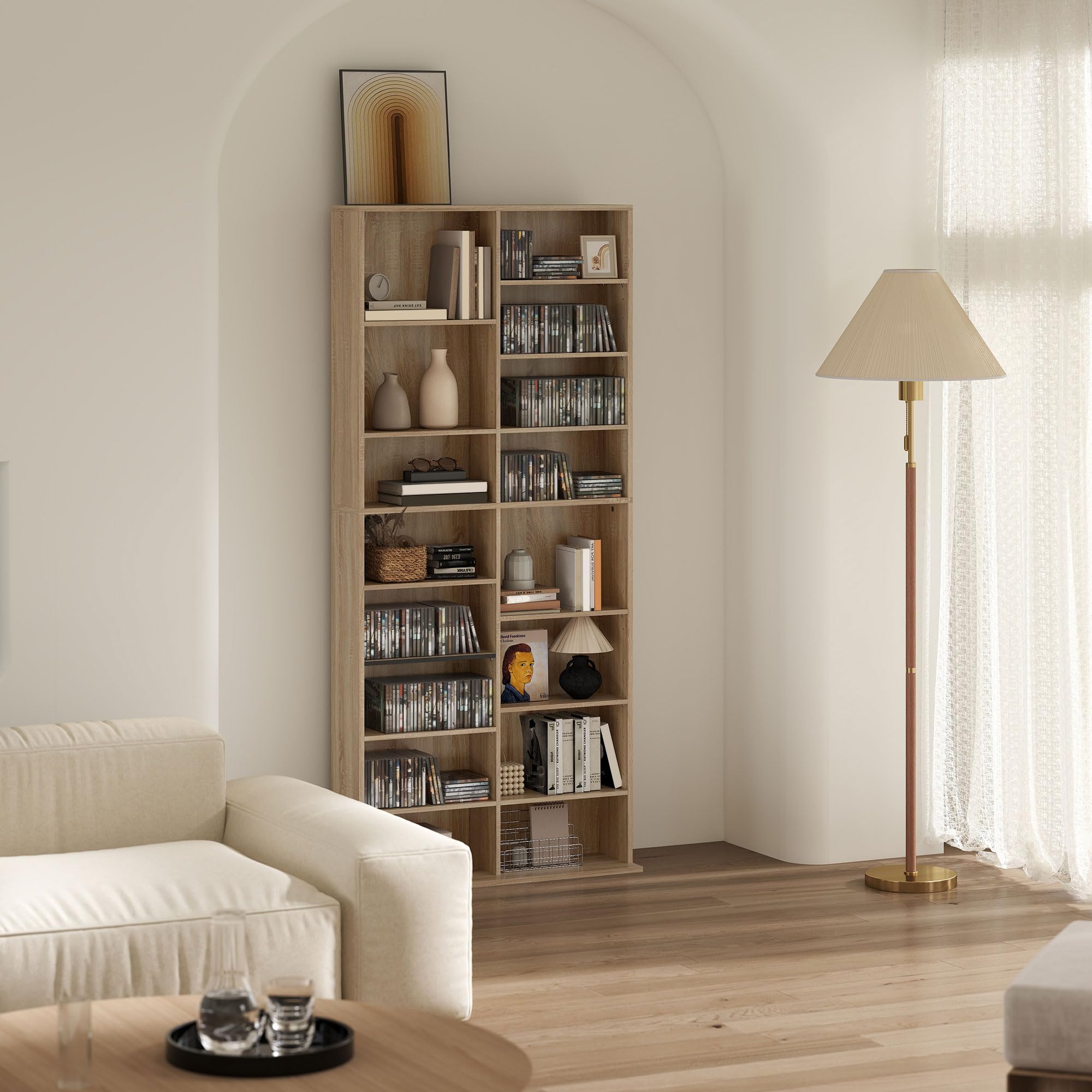 HOMCOM Estantería para CD, DVD y Blu-ray, capacidad para hasta 640 CD, 360 DVD o 430 Blu-rays, estantes ajustables, estantería para salón, 78,5 x 24 x 175 cm, madera natural