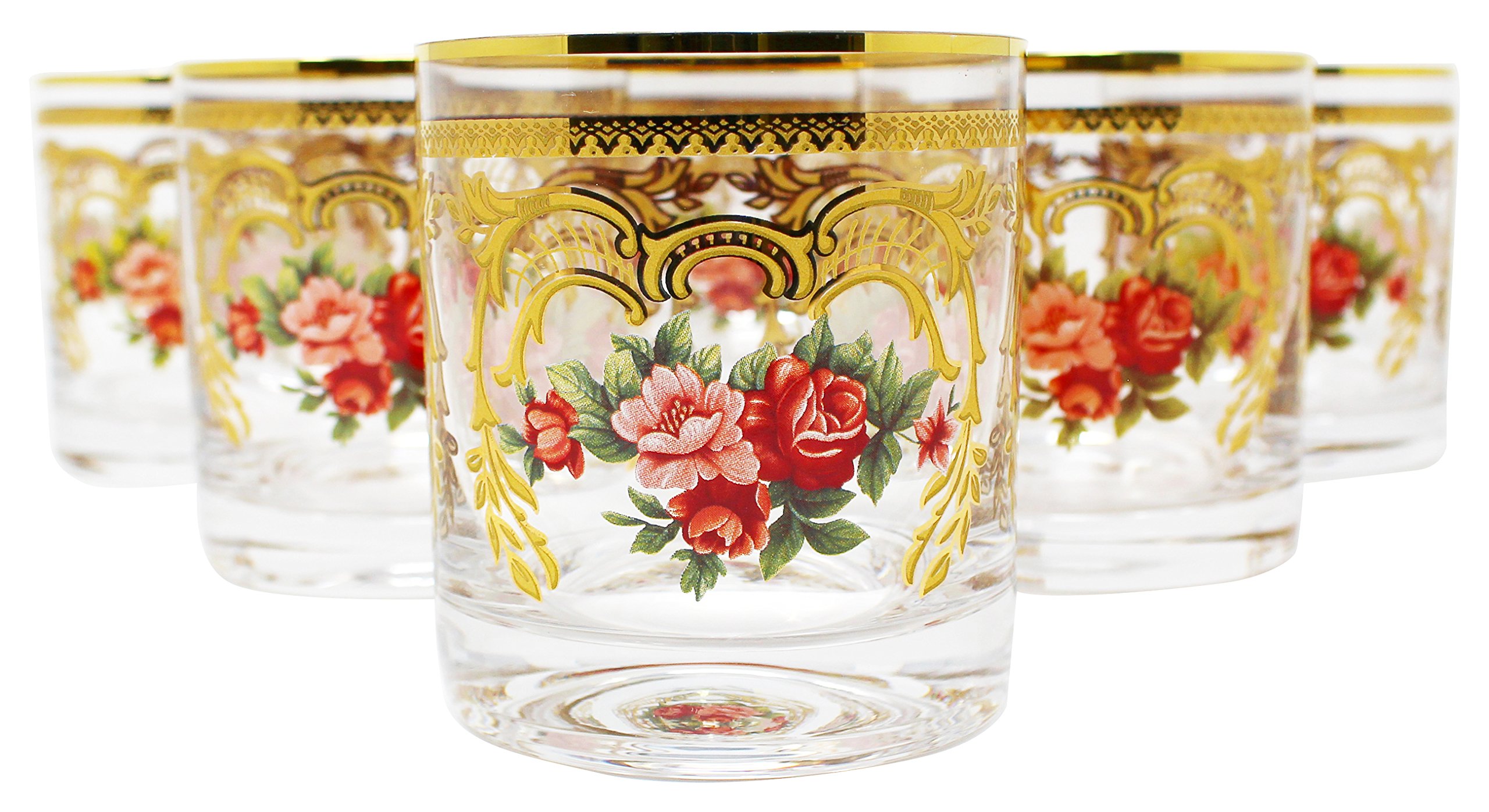 Set of 6 Old-Fashioned Whiskey Glasses – Handcrafted 24K Detailing Designs – Use for Whisky on The Rocks or Soft Drin, 7 oz, Gold/Floral