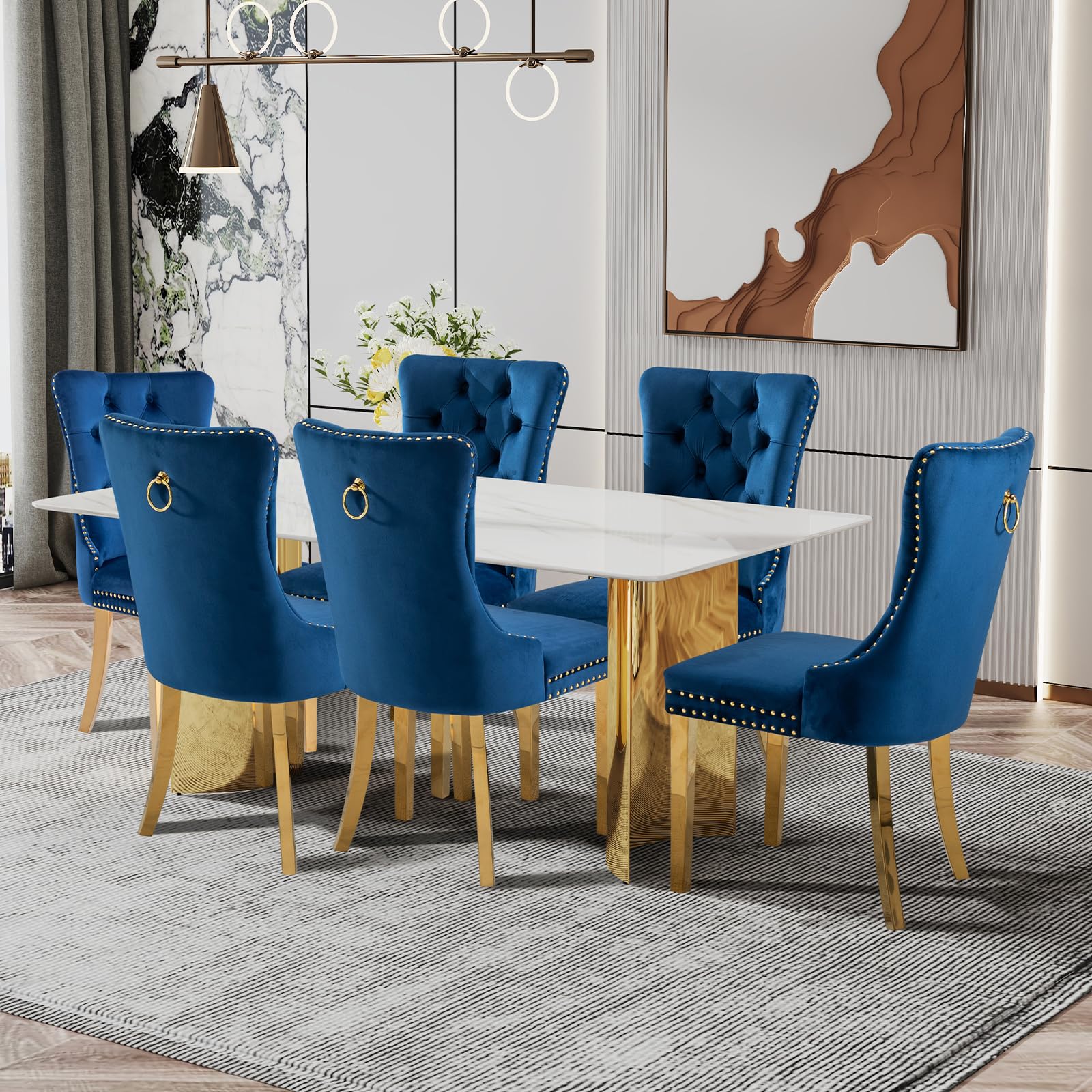 Shenyon Modern Dining Table Set for 6, White Imitation Marble Glass Desktop with Golden-Plated Base, 71'' Kitchen Table and Upholstered Dining Chairs