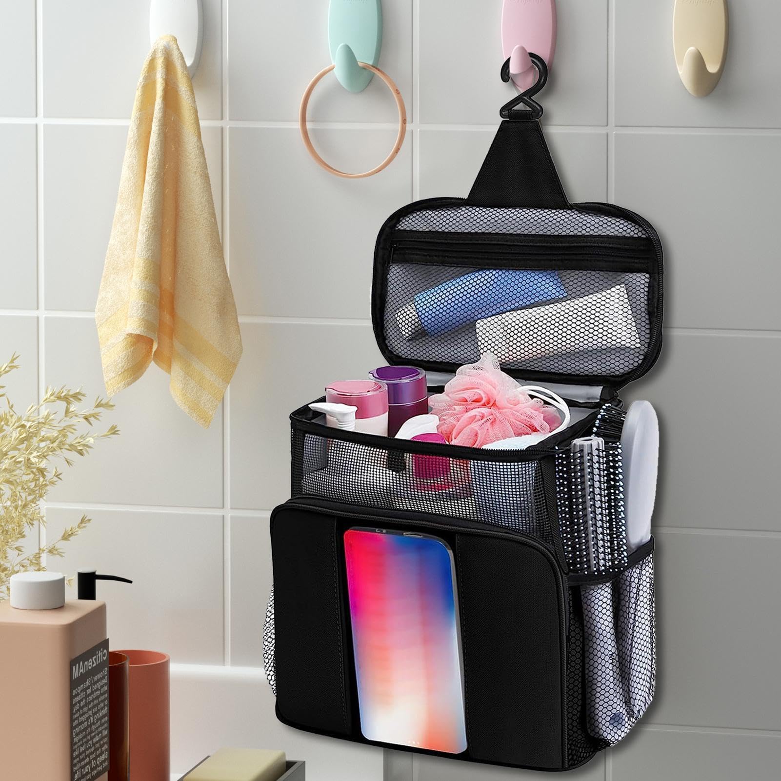 QUTETN Sac De Douche Portable Suspendu Avec Crochet Pour Hommes Et Femmes Grande Trousse De Maquillage Pour Dortoir Universitaire