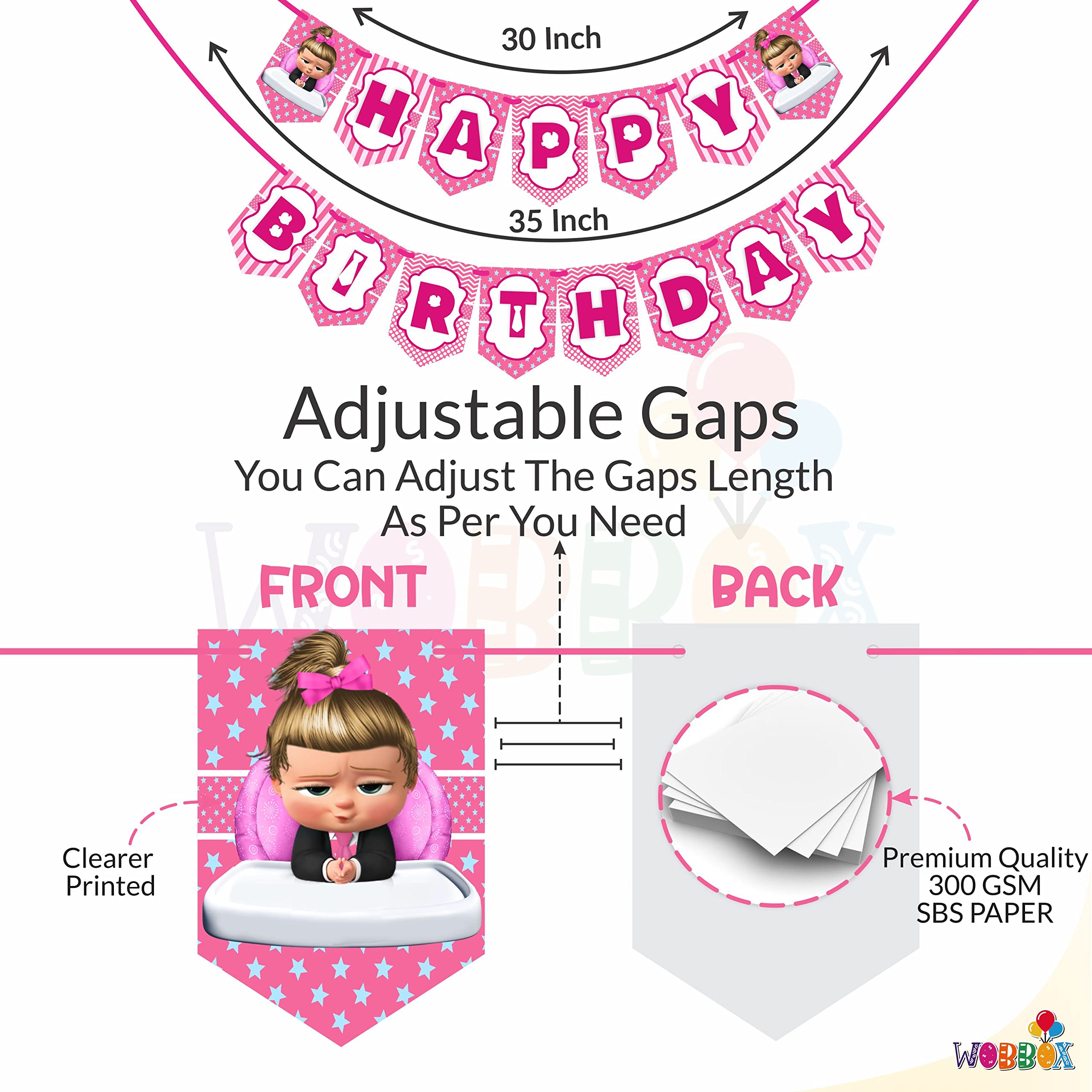WOBBOX Happy Birthday Baby Boss Theme Party Props Blue Color with Different Pattern Background Pink Color Font Bunting Banner Combo, Birthday Party Deocration Items, Party Decoration Item (13 Pcs) 1