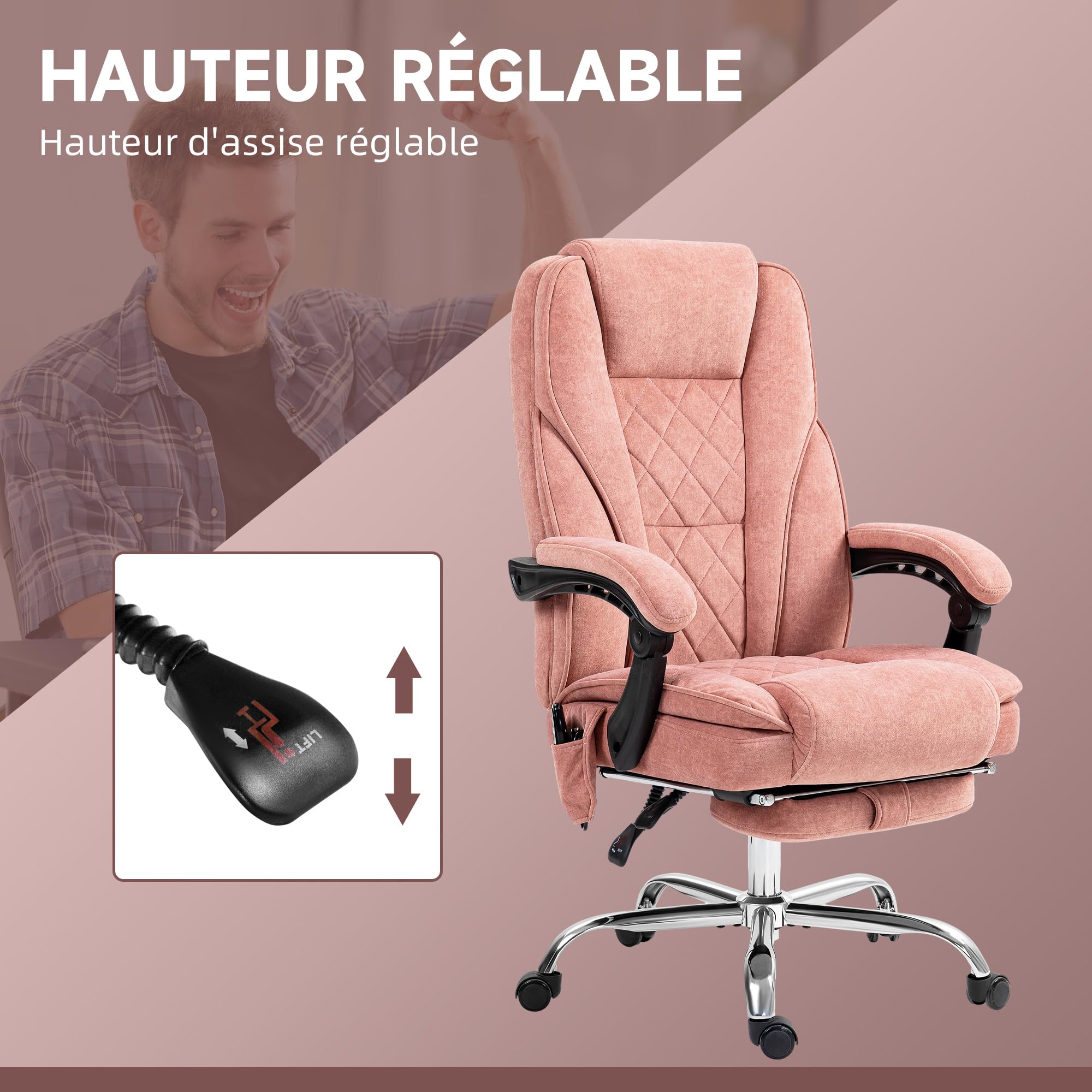 Vinsetto Fauteuil de Bureau Massant et Chauffant Ergonomique Rose