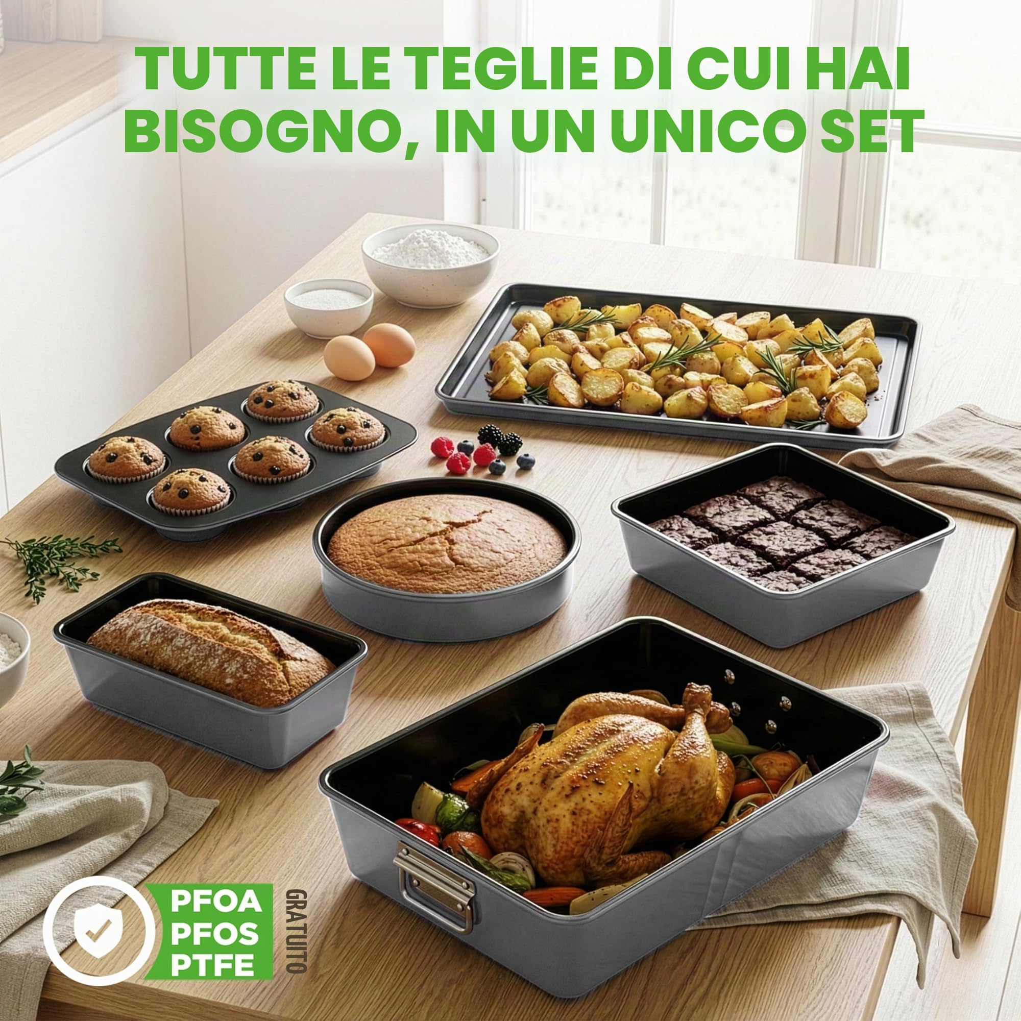 NutriChef Set Padelle Antiaderenti 8 Pezzi, Teglie da Forno Antiaderenti, Teglia Rotonda, Plumcake, Muffin, Teglie Rettangolari/Quadrate, Teglia Biscotti, Grigio
