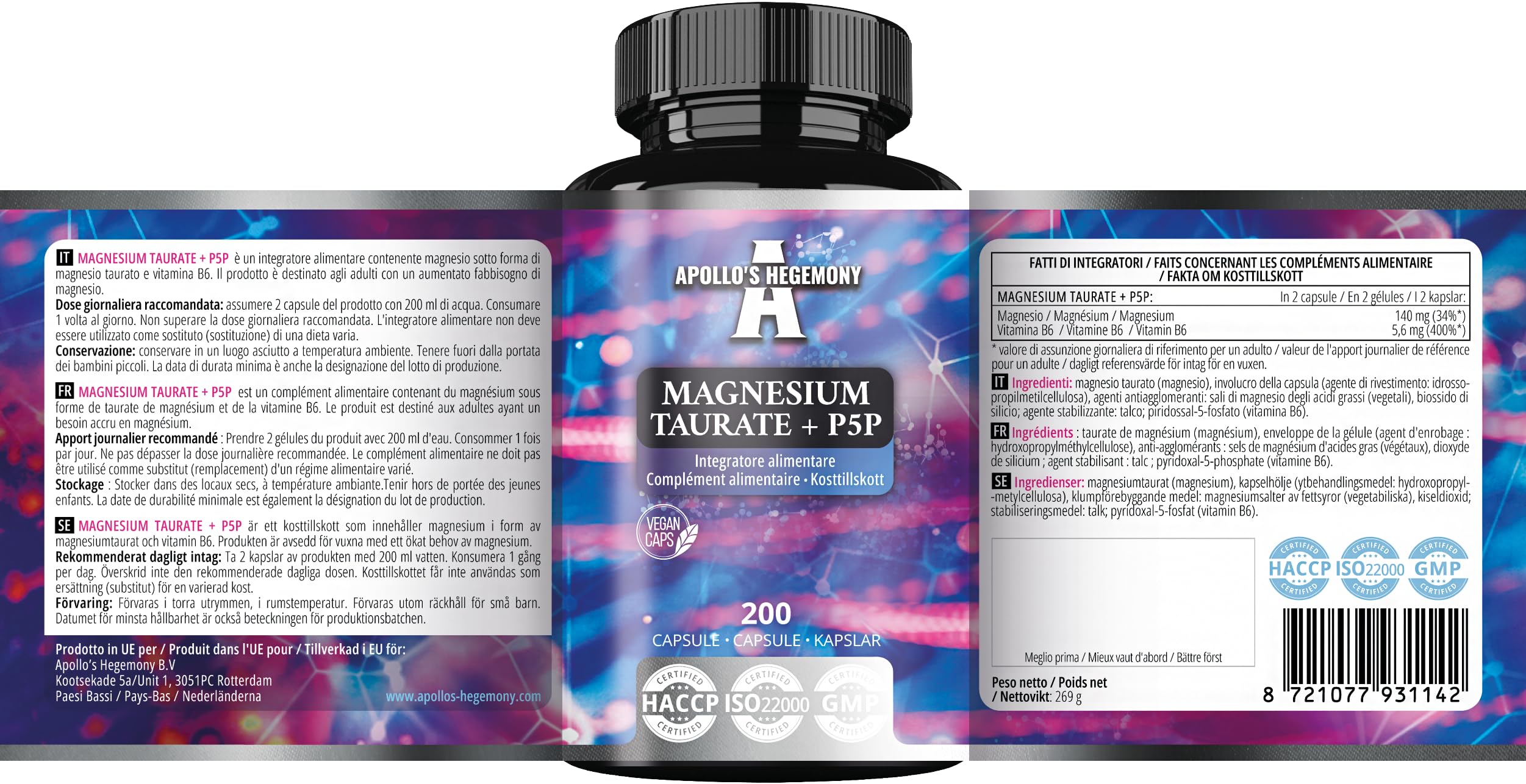 Magnesium Taurate + P-5-P 140 mg par portion - 200 gélules végétaliennes - 100 jours d'approvisionnement - soutient la fonction musculaire et nerveuse - supplément d'Apollo's Hegemony