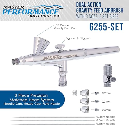Miniatura 2 de Master Performance G255 Pro Set Master Airbrush con 3 juegos de boquillas (agujas de 0.2, 0.3 y 0.020 in, puntas de líquido y tapas de aire) -