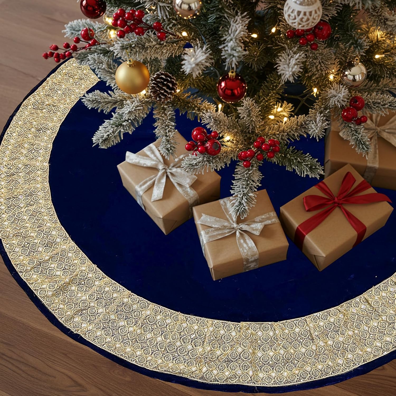Product image of OurWarm 72Inch Christmas Tree Skirt, Extra Large Velvet Tree Base Cover with Gold Glitter Trim and Bow, Big Tree Skirt for 9-12ft Tree, Under Tree Mat for Holiday Home Party Decorations