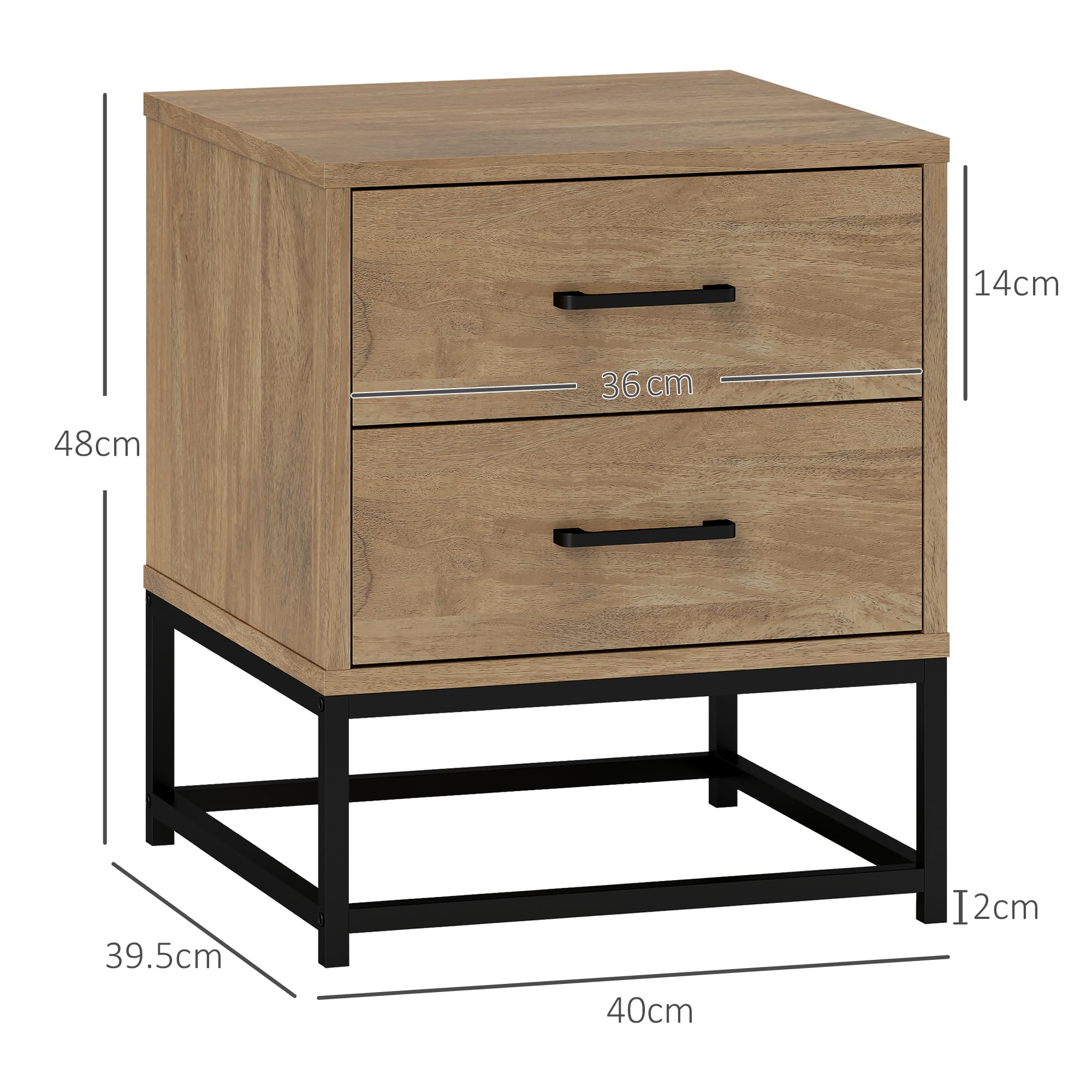 HOMCOM Juego de 2 Mesillas de Noche con 2 Cajones, Pareja de Mesillas de Noche de Estilo Industrial en Madera y Acero, Mesillas Auxiliares para Sofá, Sala de Estar, Salón y Dormitorio, 40x39.5x48 cm, | Estilo industrial de madera y acero, mesas auxiliares