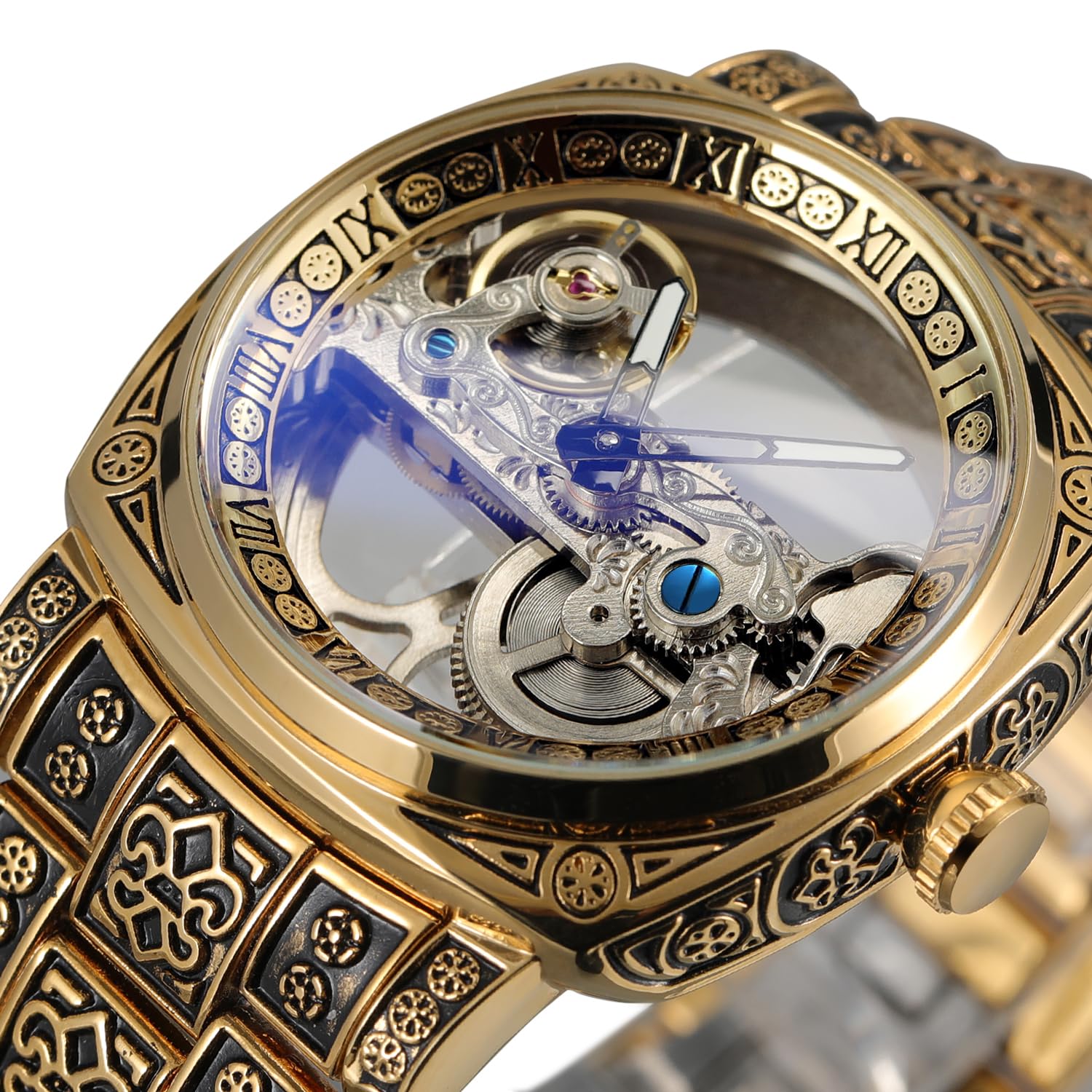 FORSINING Herren Skelettuhr Römische Zahlen Automatik Selbstaufzug Tourbillon Armbanduhr mit Edelstahlarmband