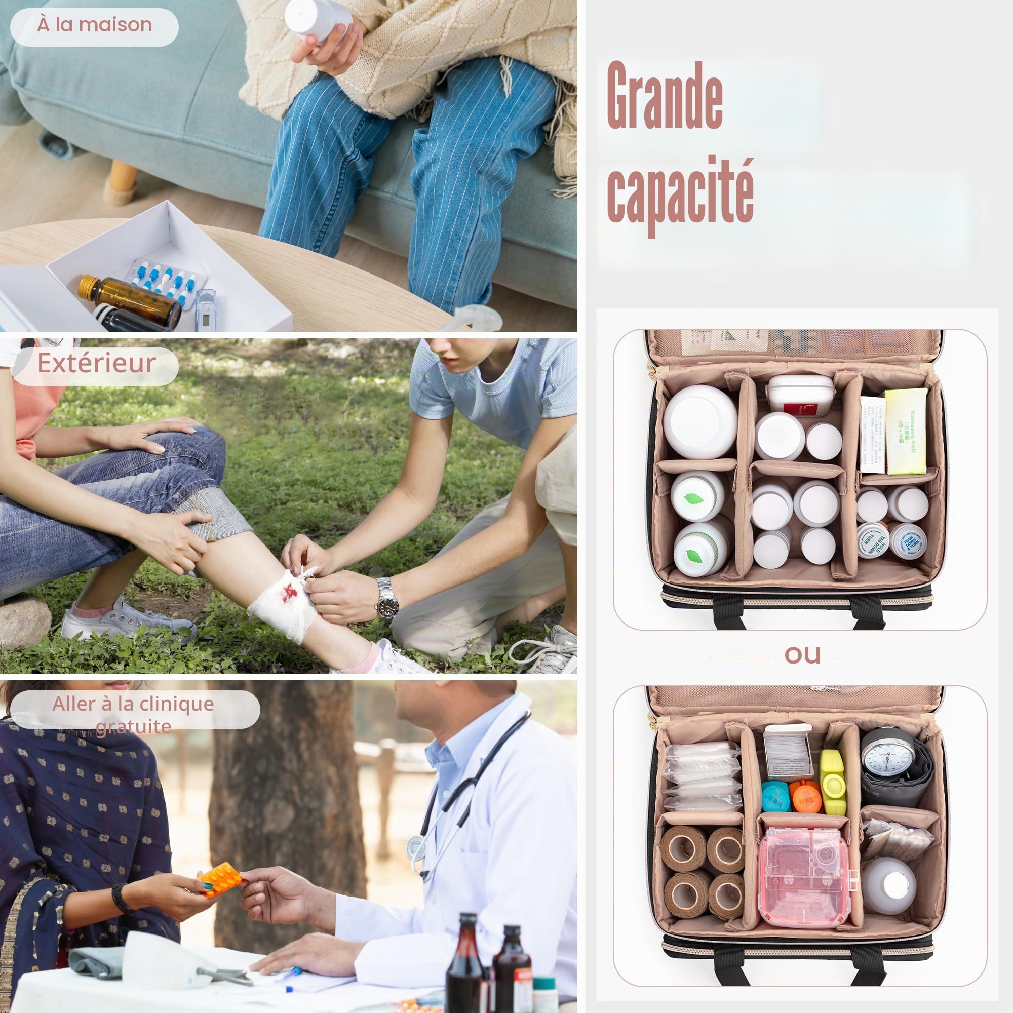 Yarwo Mallette Infirmière Libérale à Double Couche, Trousse de Secours avec Rangement pour Médicaments, Sac Médical Noir