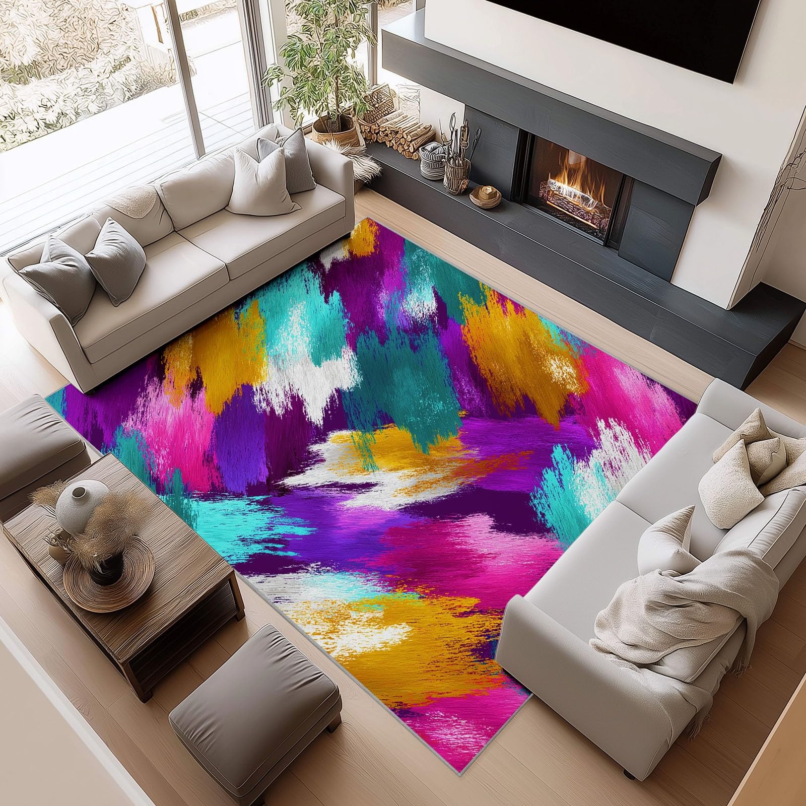 Alfombra de pelo corto lavable 60 x 90 cm pequeña multicolor abstracta antideslizante