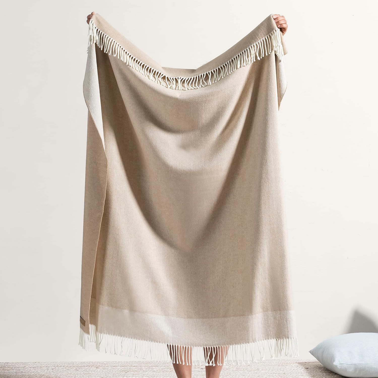 Lands Downunder All-Season, Luxury Dune Border Herringbone Throw – Soft Woven Throw with Decorative Fringe – Made in Italy – 51”W x 67”L - Perfect for Gifting