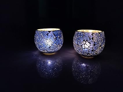 Skyepic Tealight Candle Holders for Home Decoration, Mosaic Glass | Diwali Lighting for Home Decoration, Diwali Decoration Items, Diwali Gifts Item (Turkish Blue) | Pack of 2