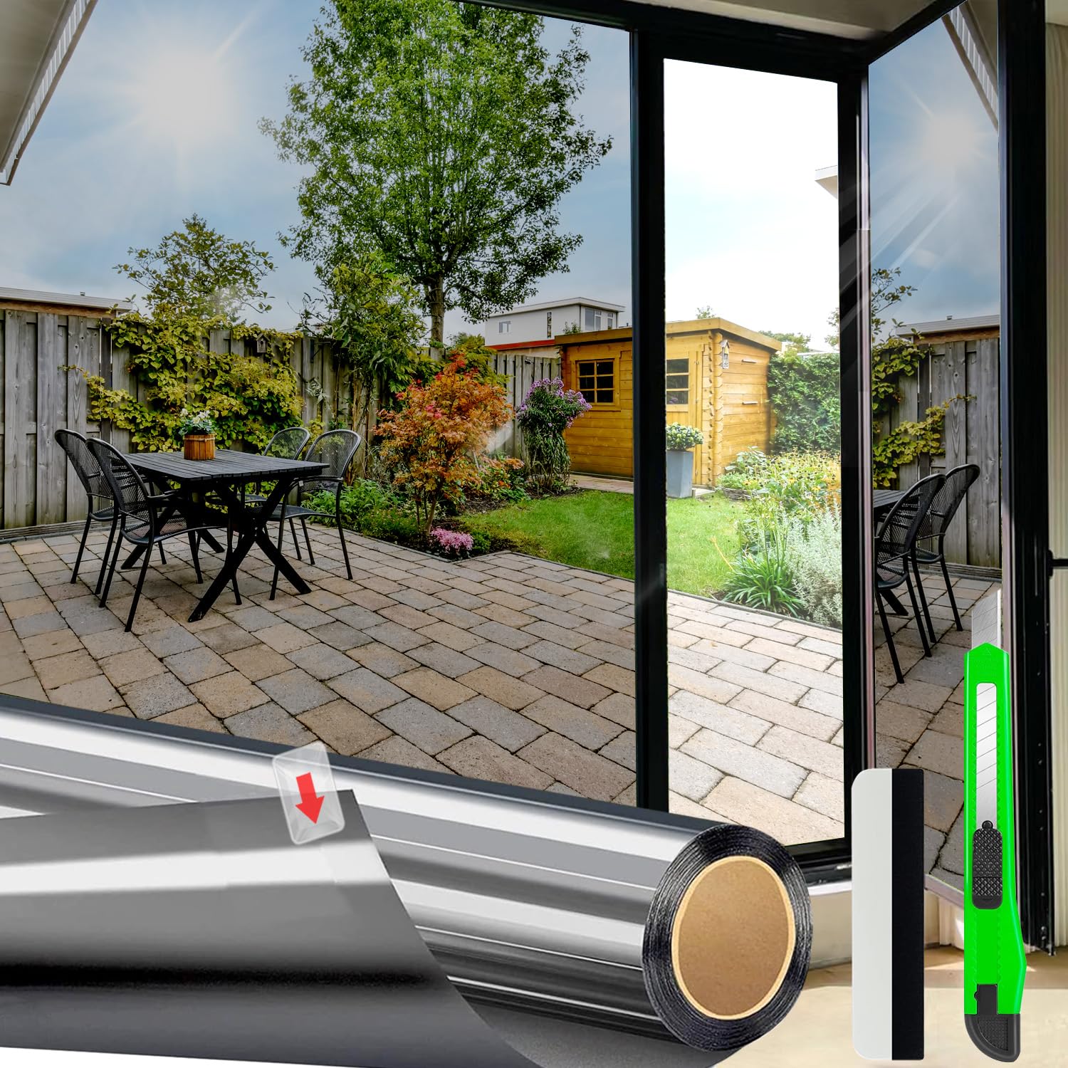 HONLONE Spiegelfolie Fenster Sichtschutz 44,5x400 cm, Hitzeschutzfolie Sonnenschutzfolie UV-Schutz, Statische Fensterfolie Einseitig Blickdicht, UV Folie Fenster für Wohnzimmer und Büro