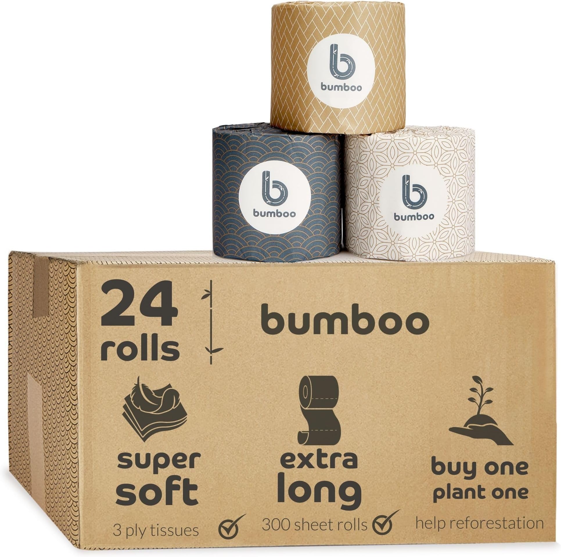 Bumboo Toilet Roll 24 Pack Wrapped Toilet Paper 3 ply, 300 Sheets