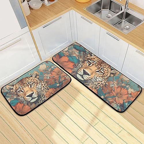 Miniatura 2 de ZENWAWA Leopard Flowery Kitchen Mat 2 Pcs Set, Low Pile Kitchen Rugs Cushioned Water Absorbent Washable Floor Mats for Kitchen Sink Laundry Room